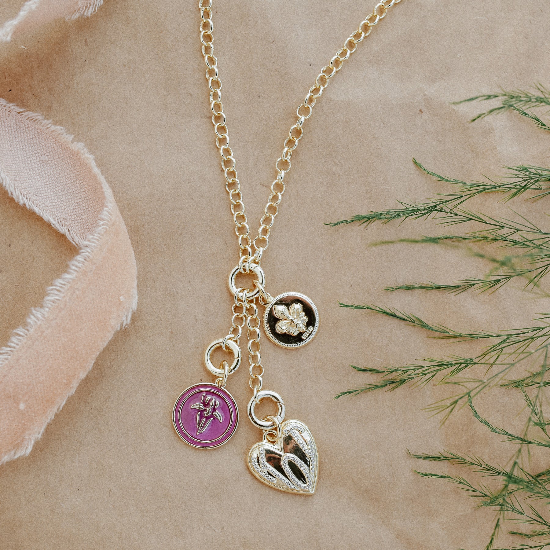Iris Napoleon Necklace with Mini St. Charles, Mini Enameled Flower & KOI Heart