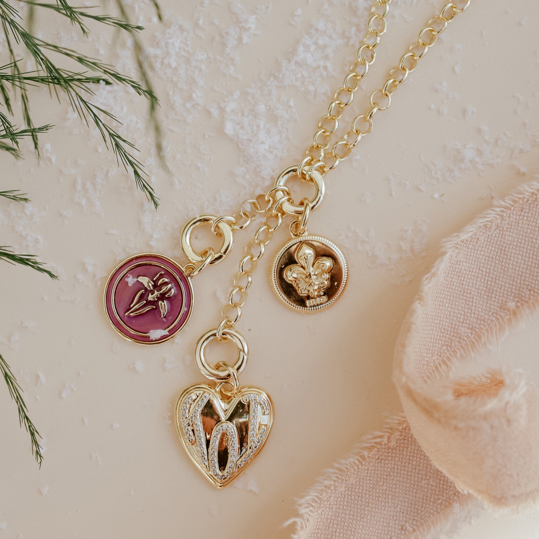 Iris Napoleon Necklace with Mini St. Charles, Mini Enameled Flower & KOI Heart