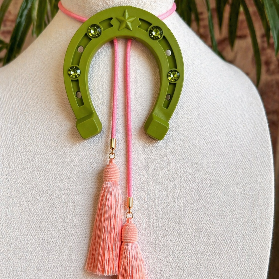 Lucky Horseshoe Bolo Olive Green with Bubblegum Pink & Peach