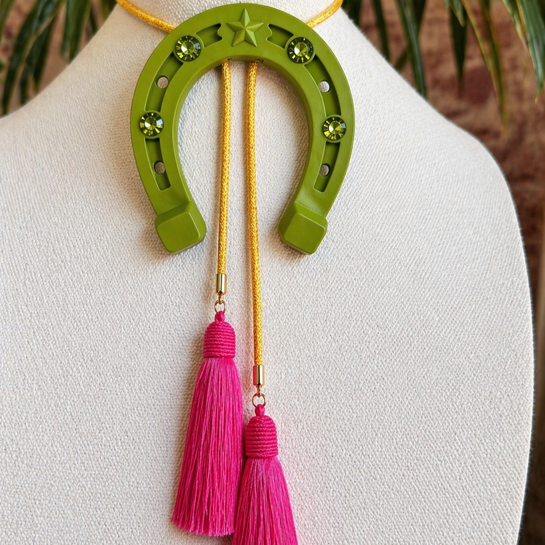 Lucky Horseshoe Bolo Olive Green with Golden Yellow & Fuchsia