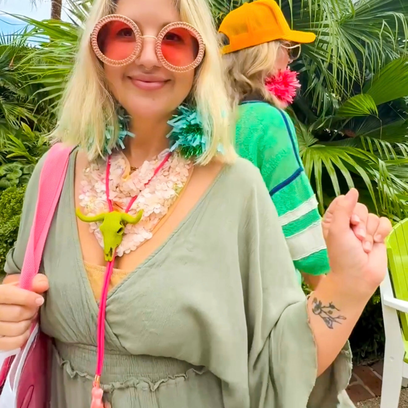 Longhorn Bolo Olive Green with Hot Pink & Peach