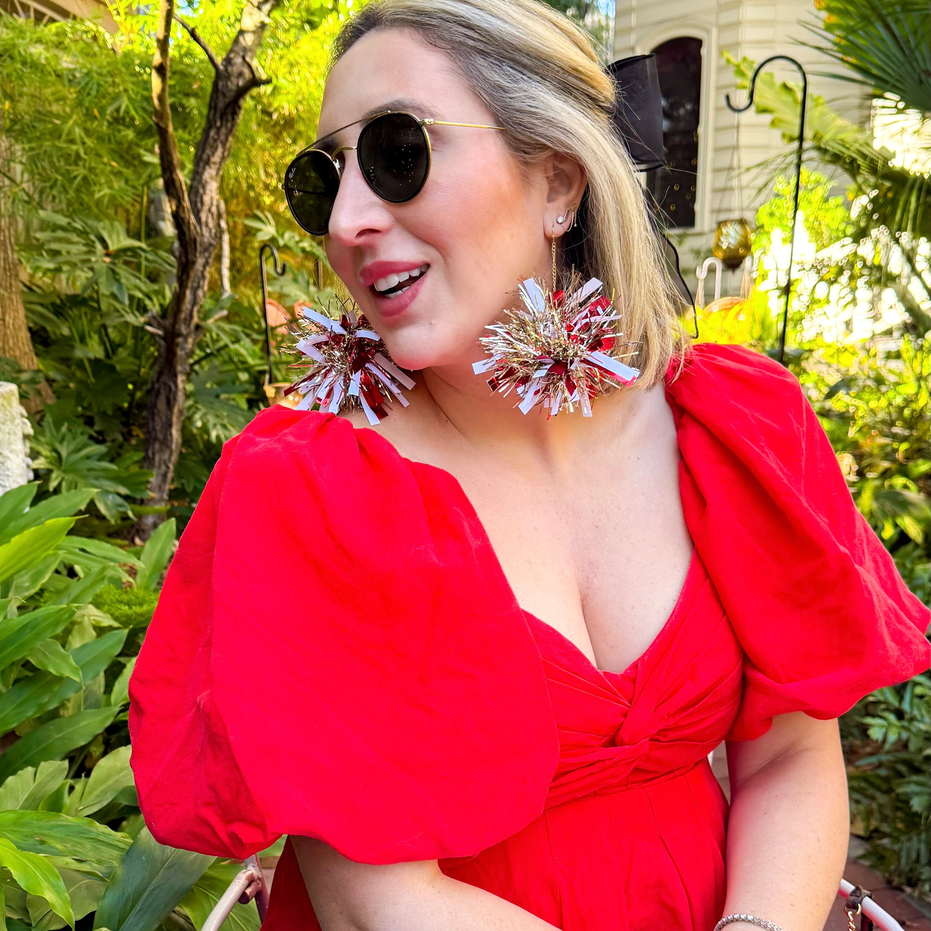 Candy Cane Red, White & Light Gold Pom Pom Earrings