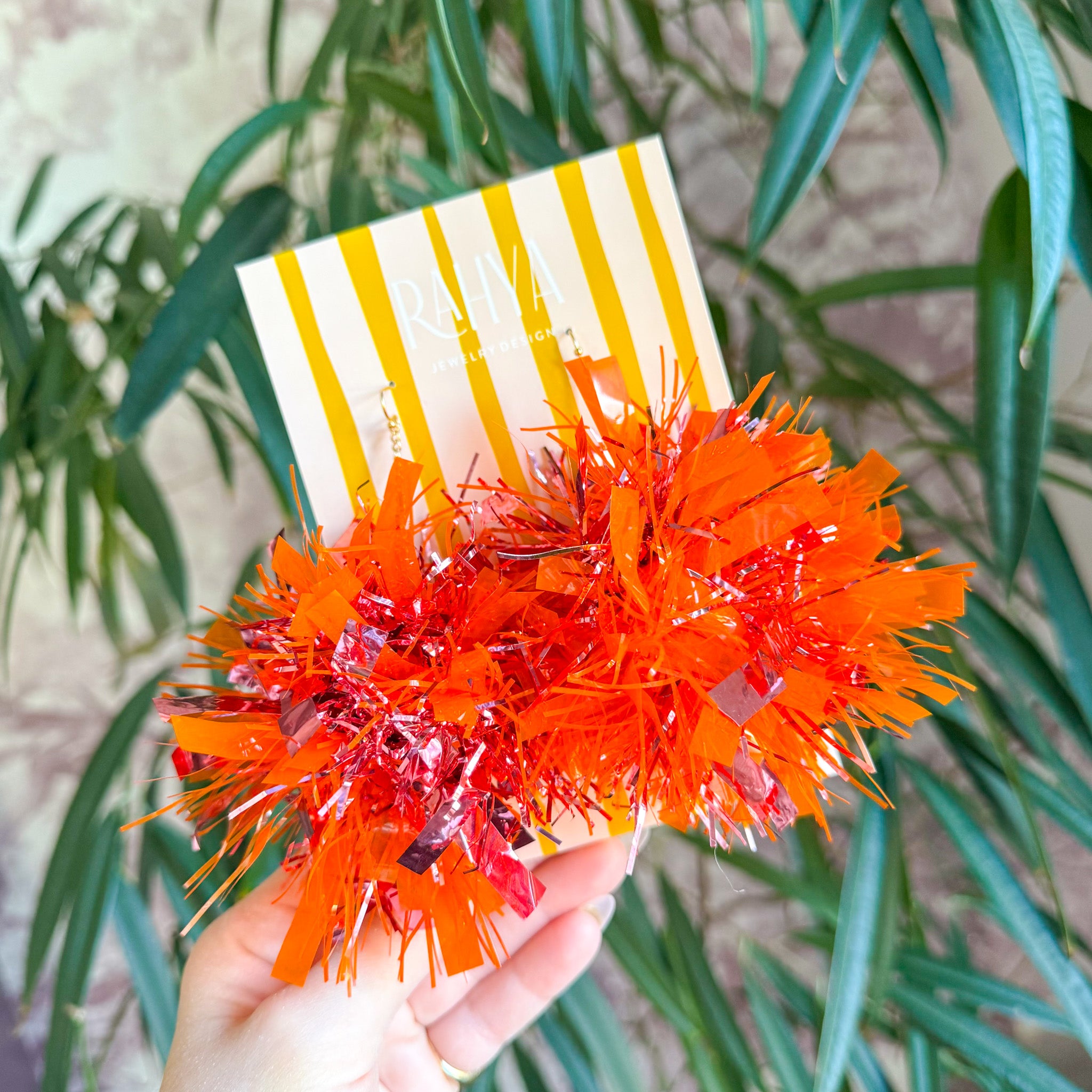 Orange & Rose Gold Pom Pom Earrings