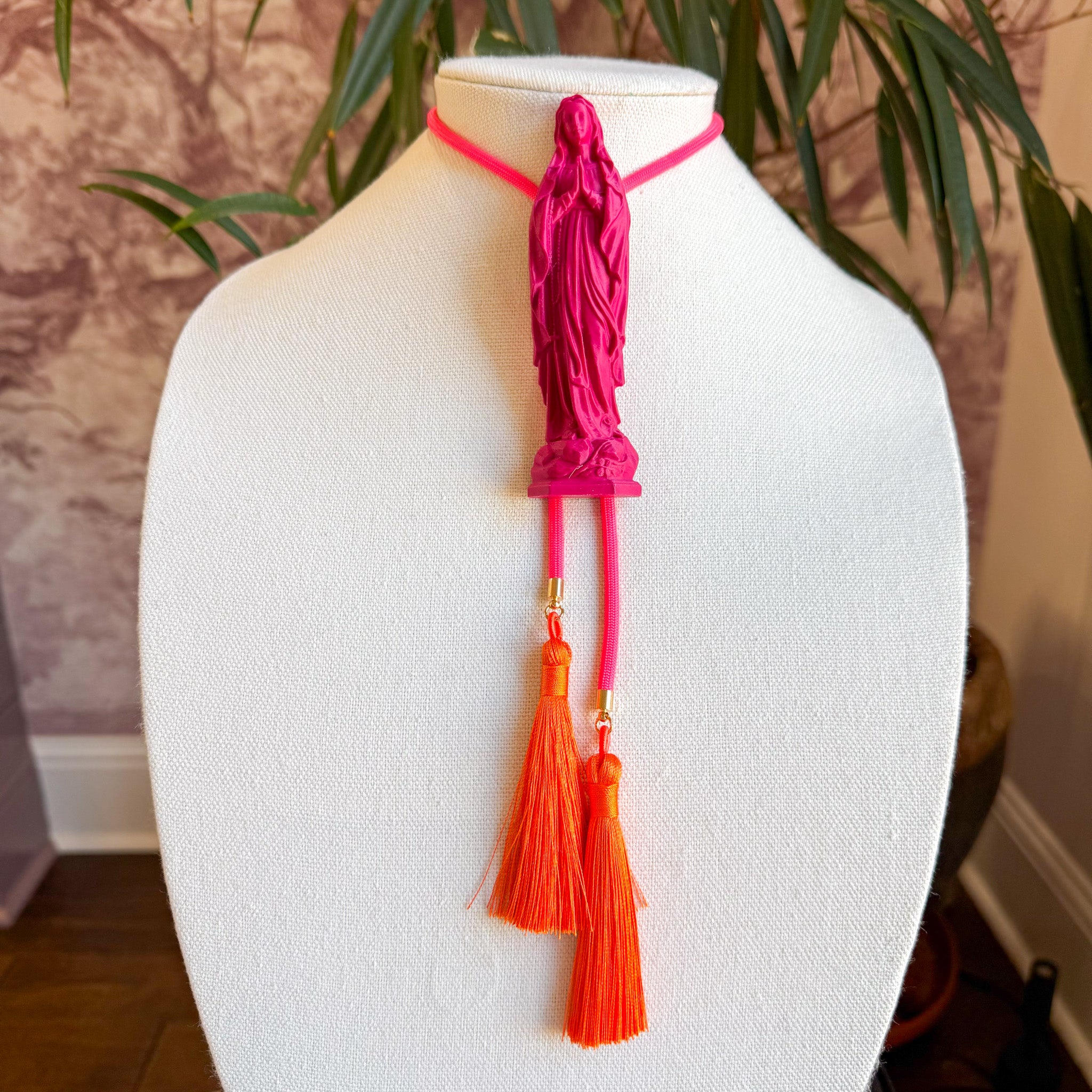 Mother Mary Statue Bolo Raspberry Pink with Neon Pink & Orange