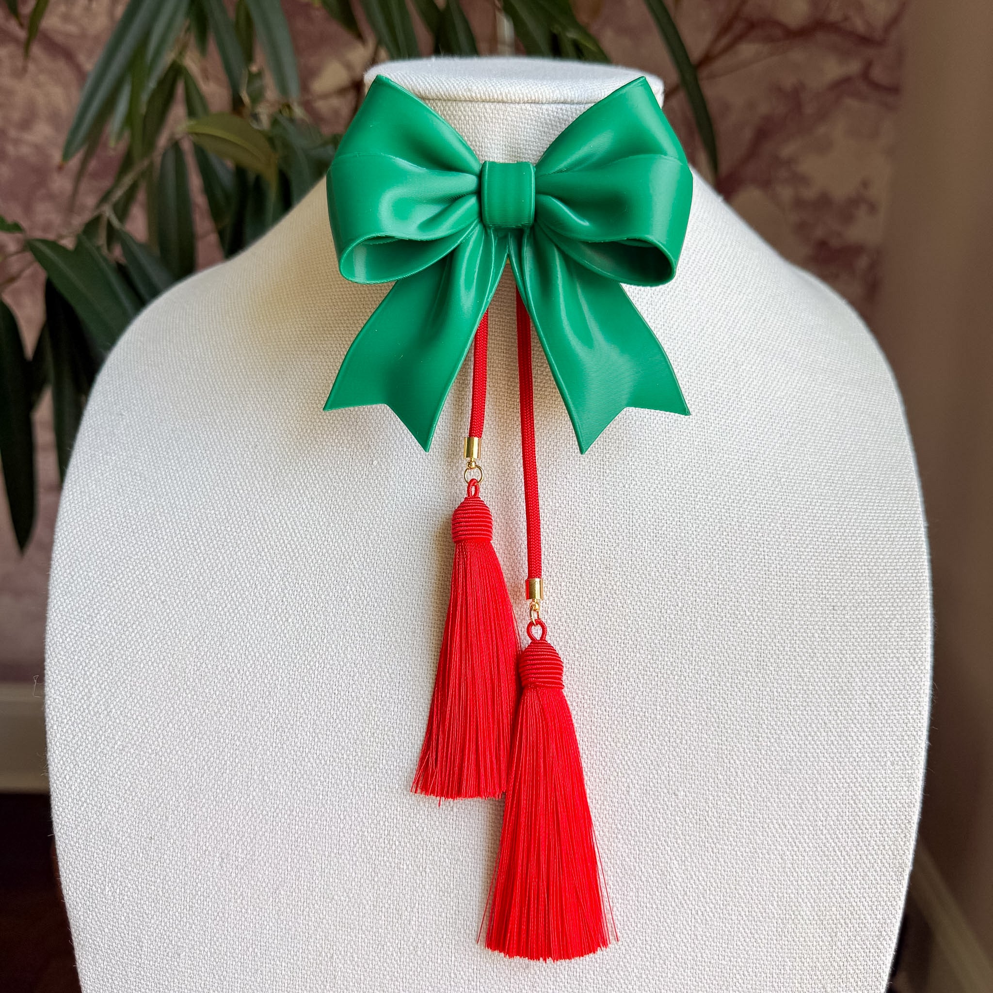 Ribbon Bow Bolo Forest Green with Red & Red