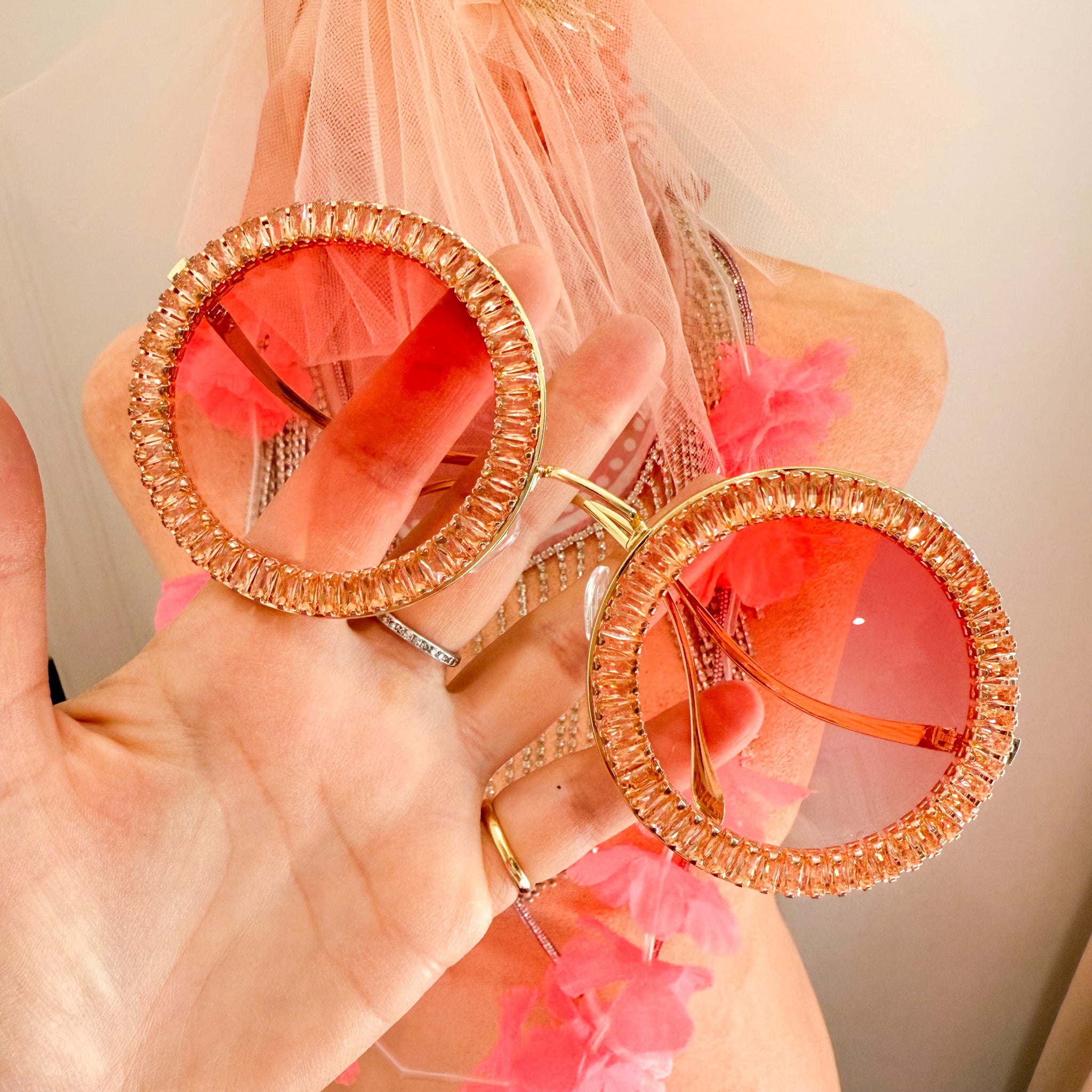 Round Champagne Pink Rhinestone Sunglasses