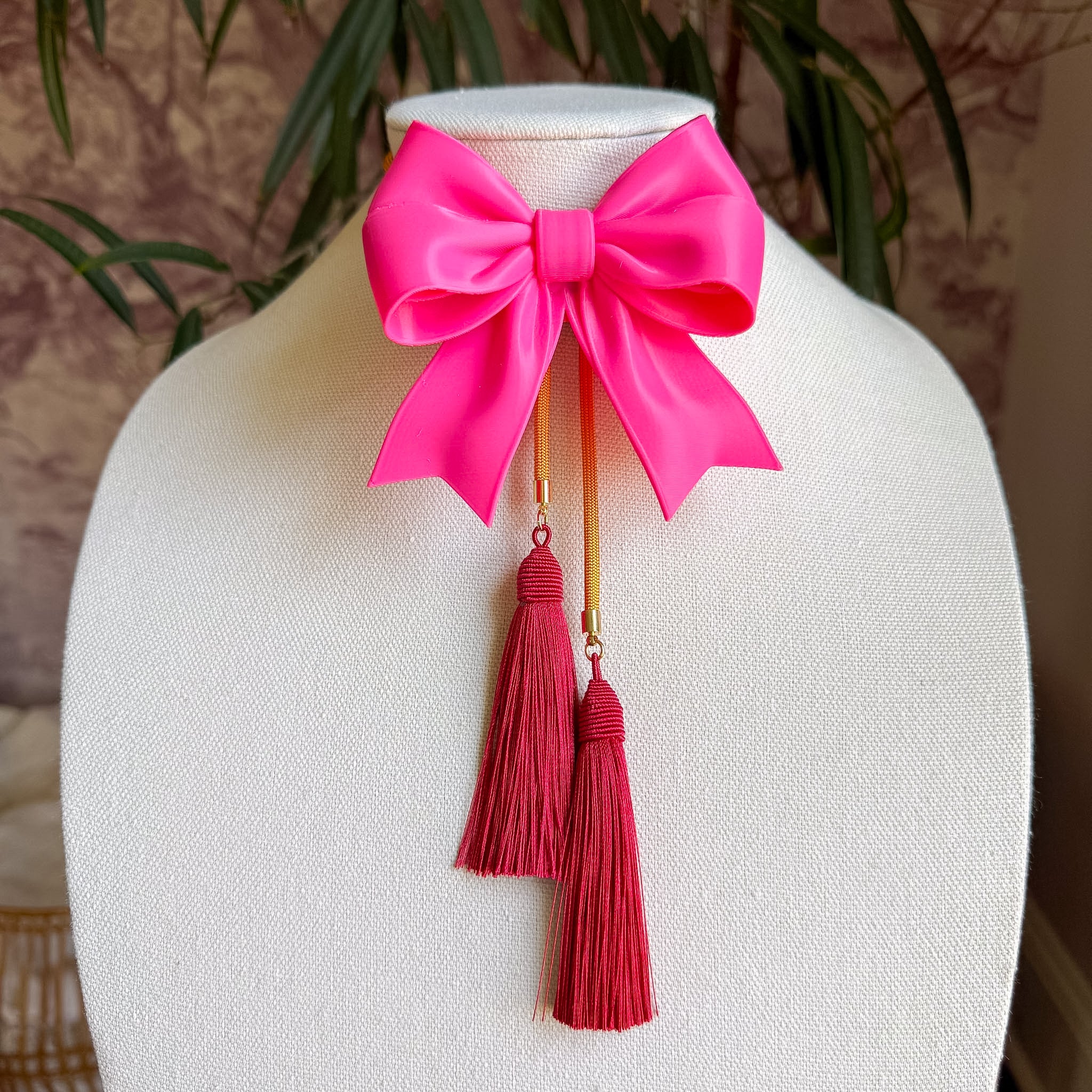 Ribbon Bow Bolo Flamingo Pink with Golden Yellow & Crimson