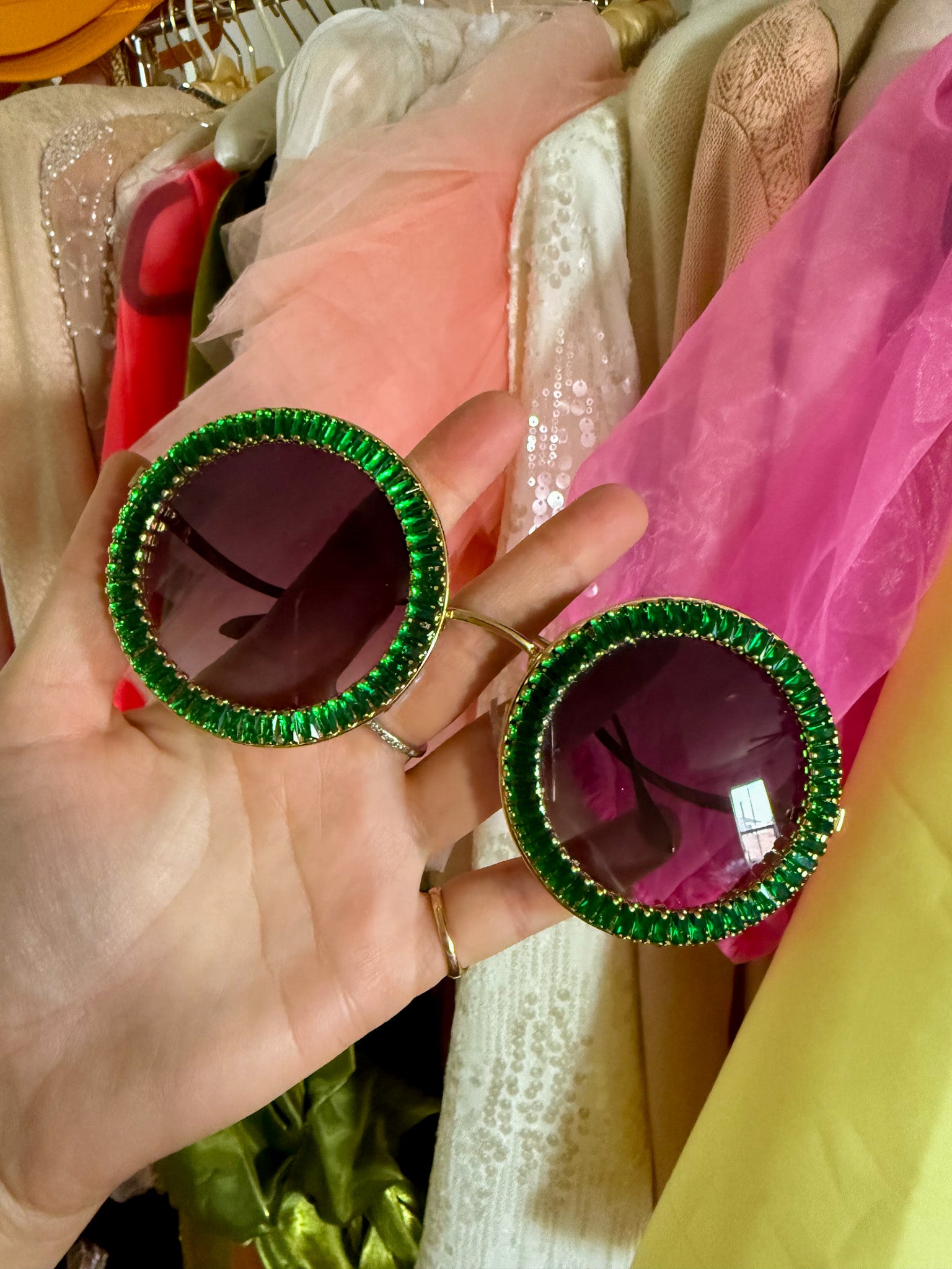 Round Emerald Green Rhinestone Sunglasses