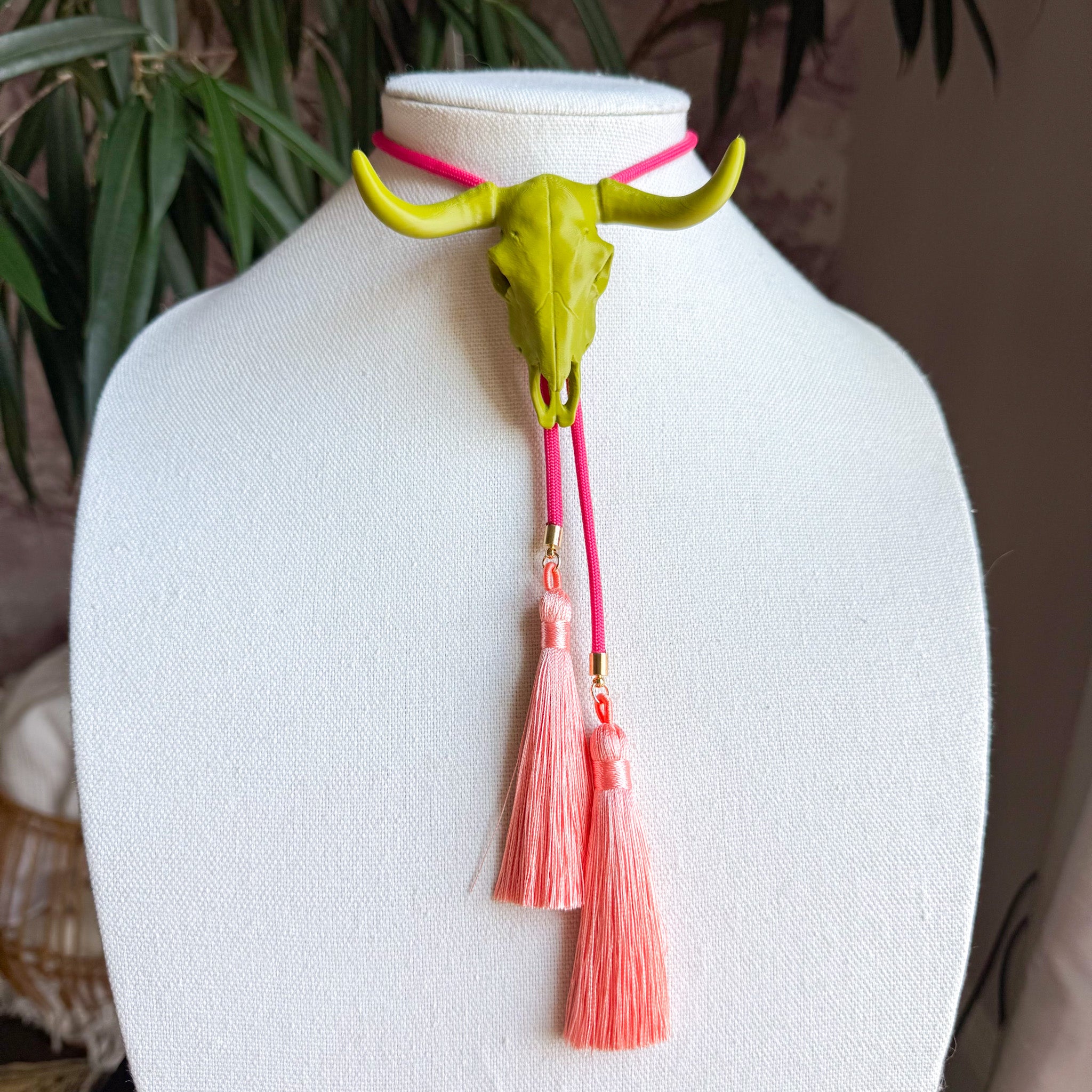 Longhorn Bolo Olive Green with Hot Pink & Peach
