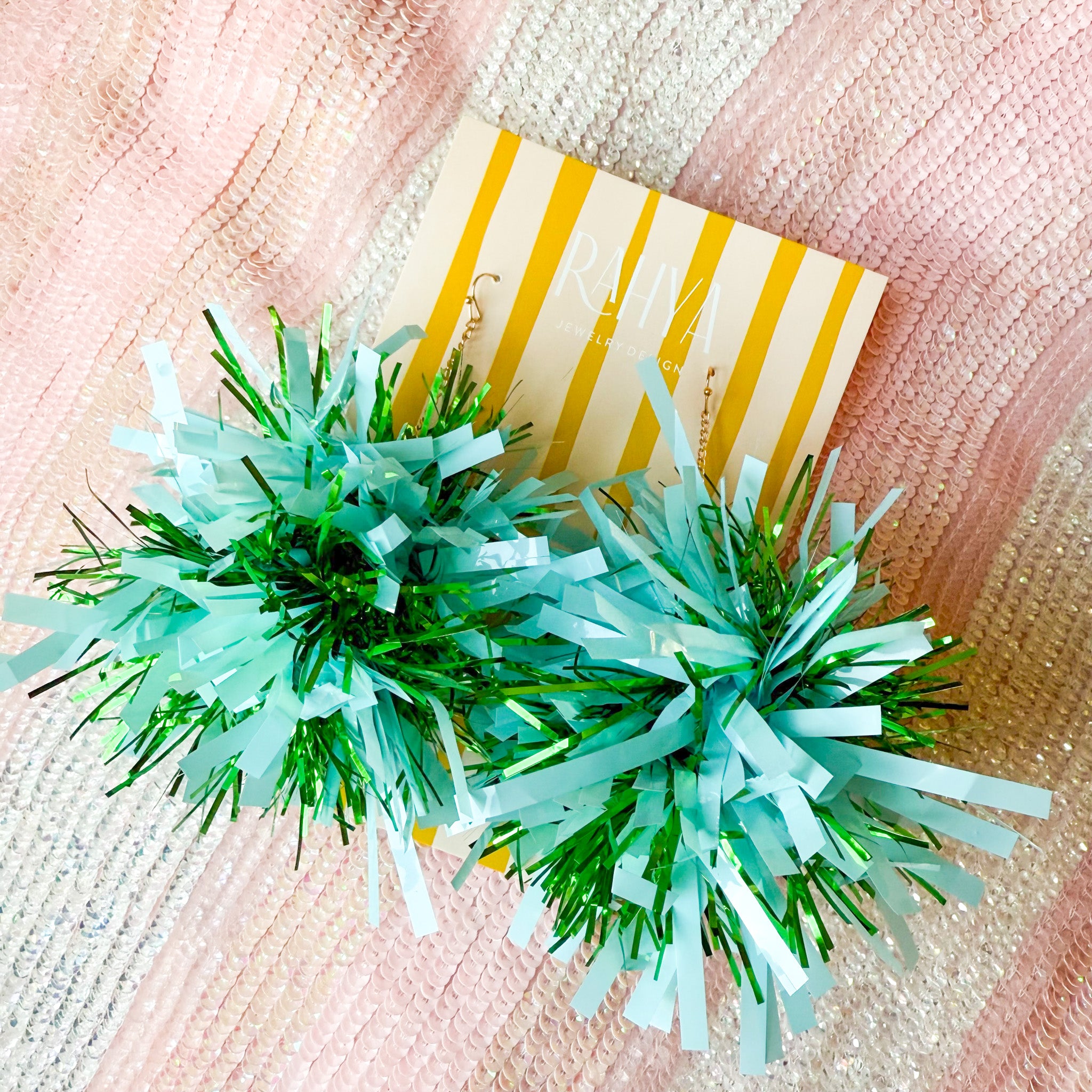 Cotton Candy Blue & Green Pom Pom Earrings