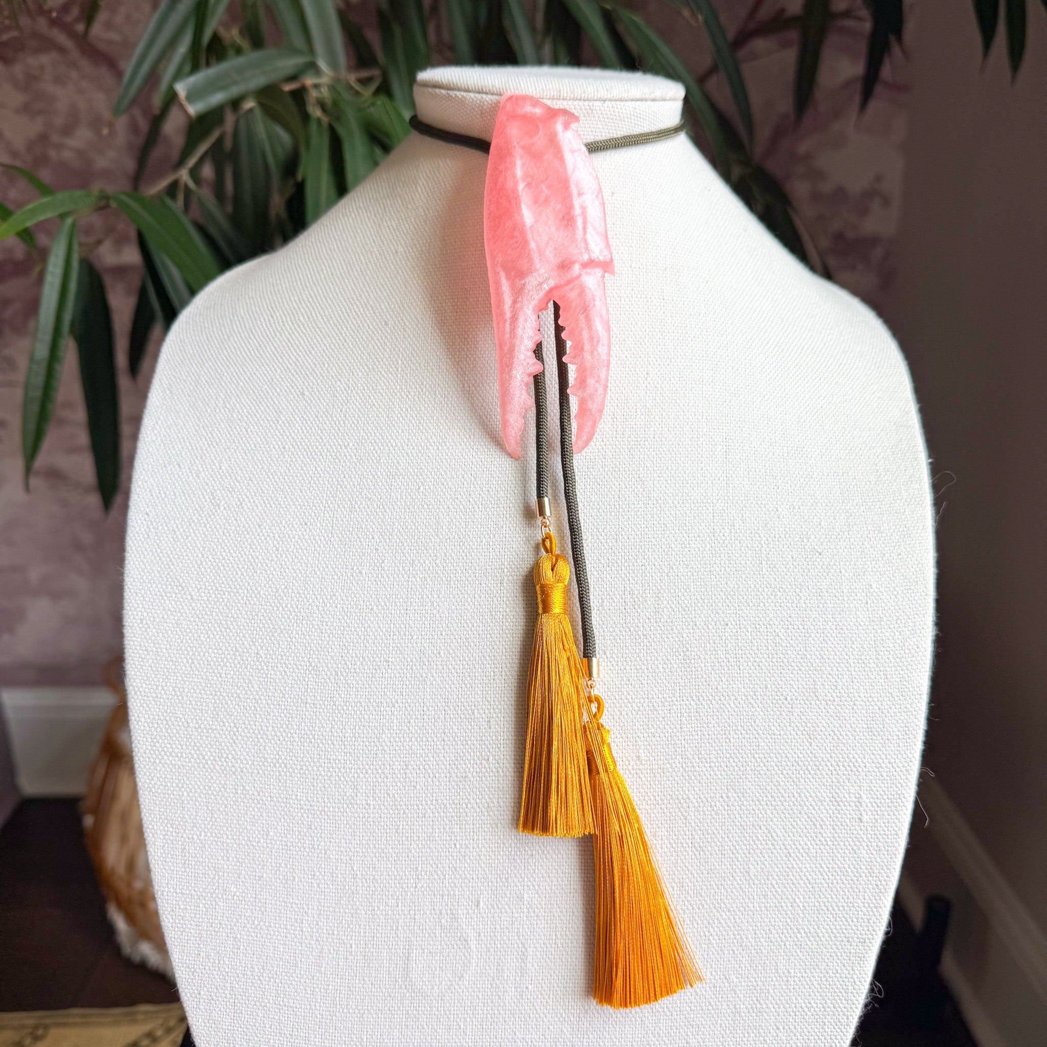 Crab Claw Bolo Quartz Pink with Moss Green & Golden Yellow