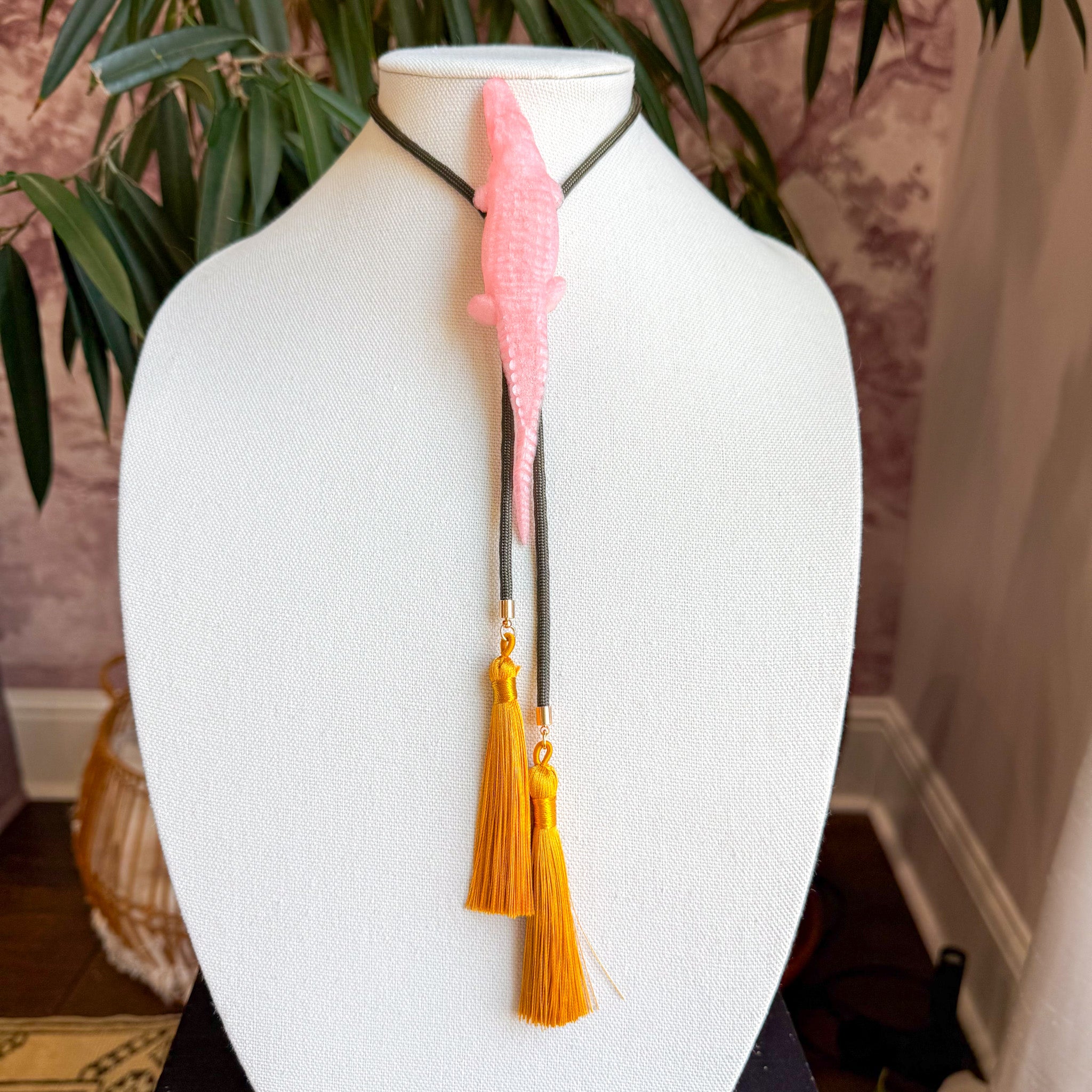 Alligator Bolo Quartz Pink with Moss Green & Golden Yellow