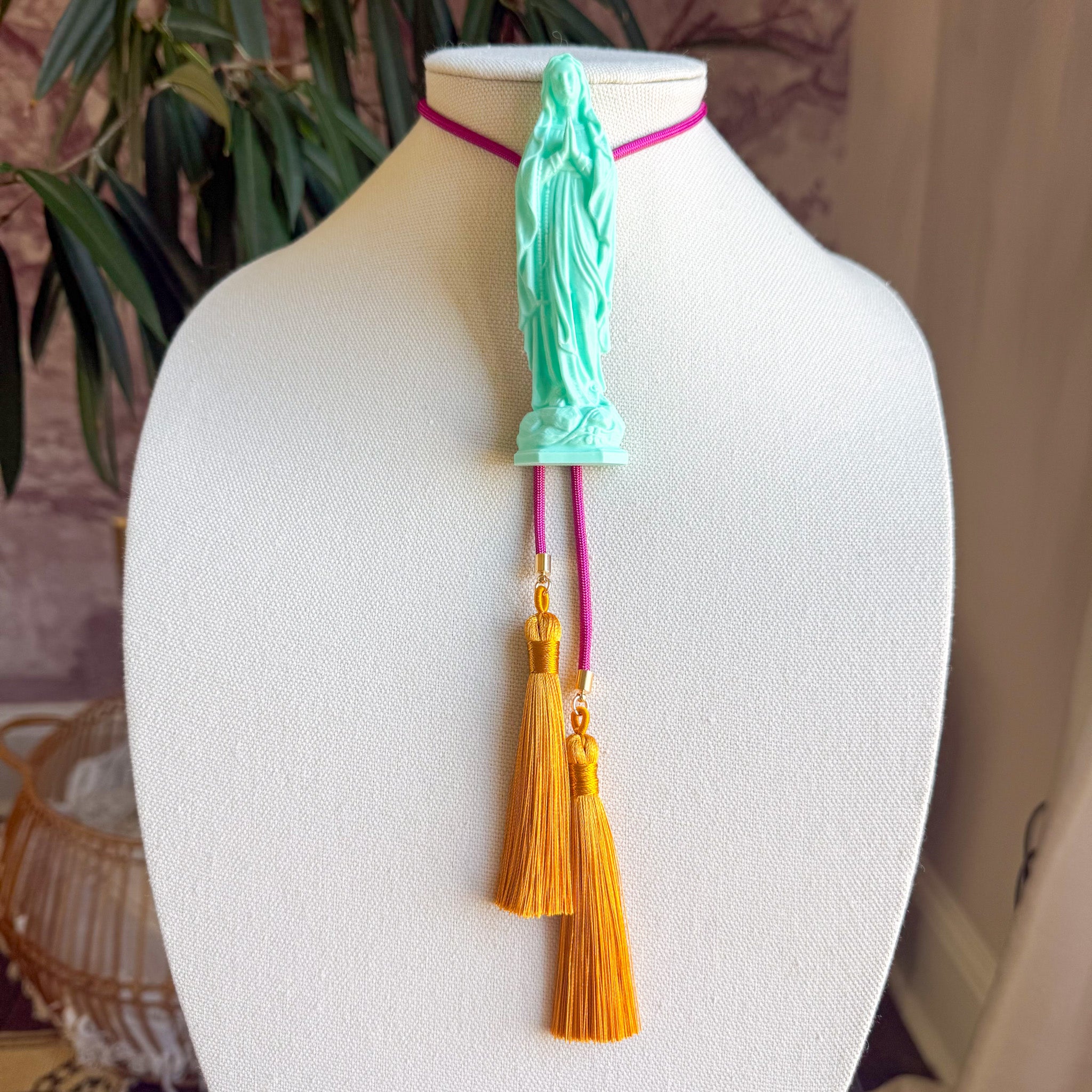 Mother Mary Statue Bolo Turquoise with Hot Pink & Golden Yellow
