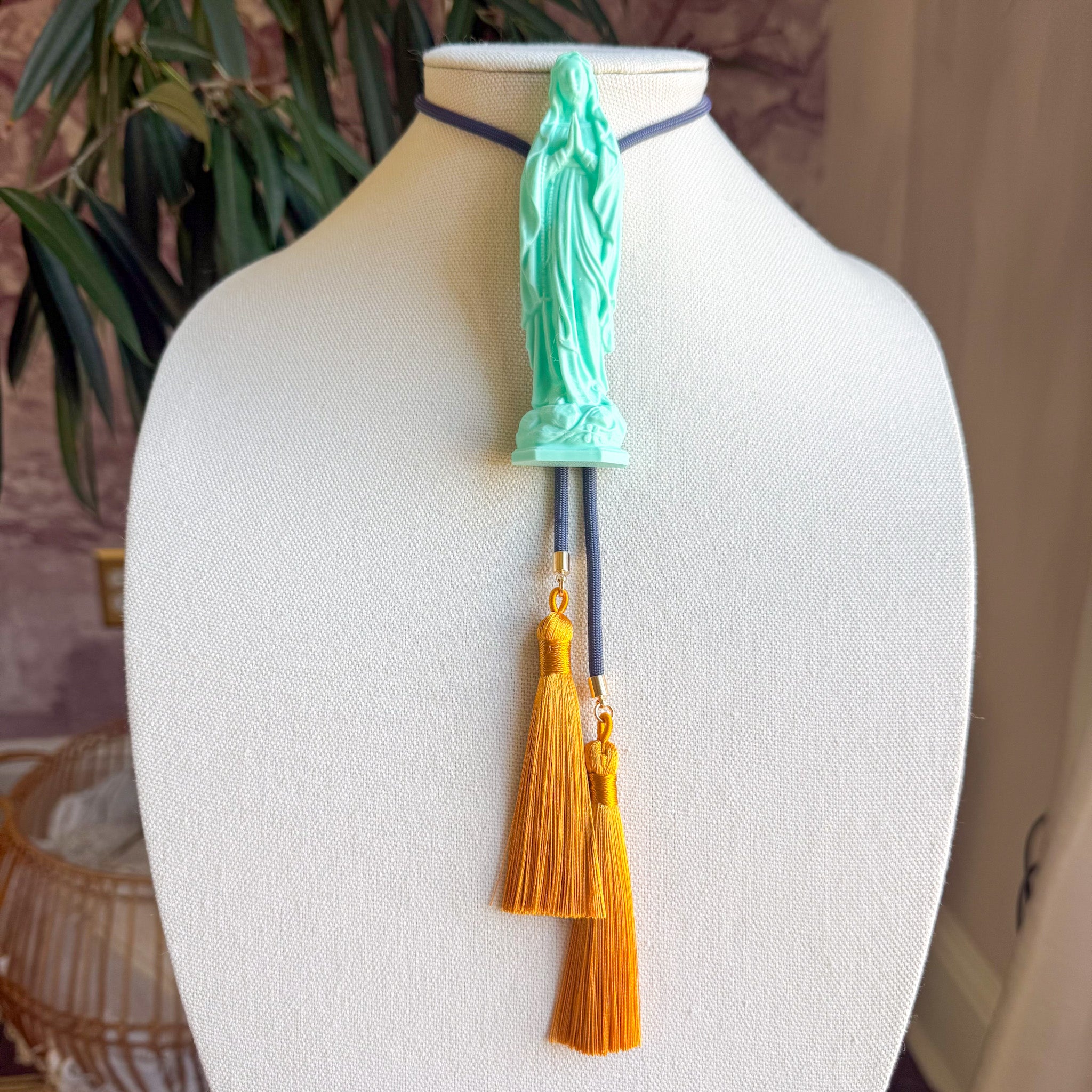 Mother Mary Statue Bolo Turquoise with Storm Blue & Golden Yellow