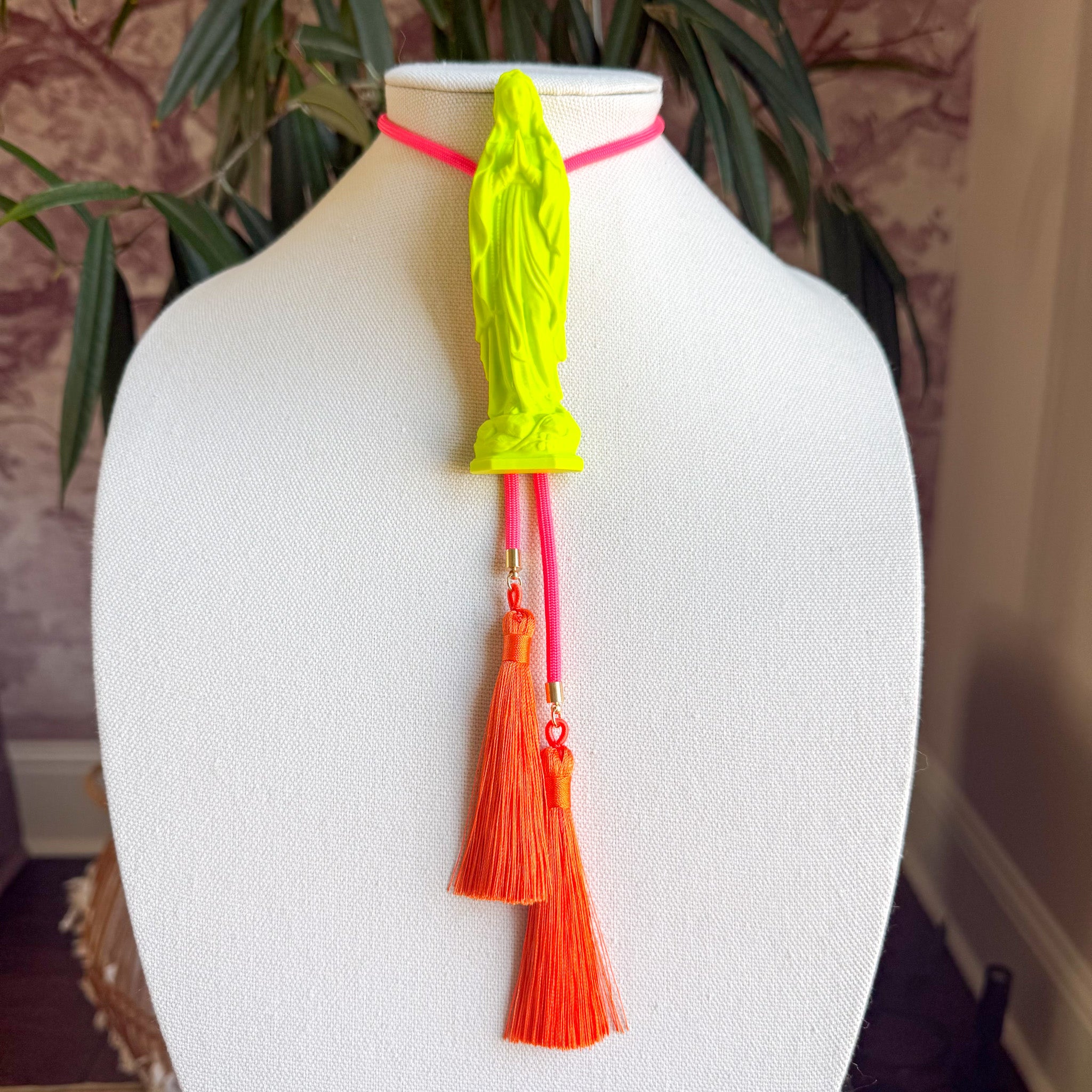 Mother Mary Statue Bolo Lime Green with Neon Pink & Orange