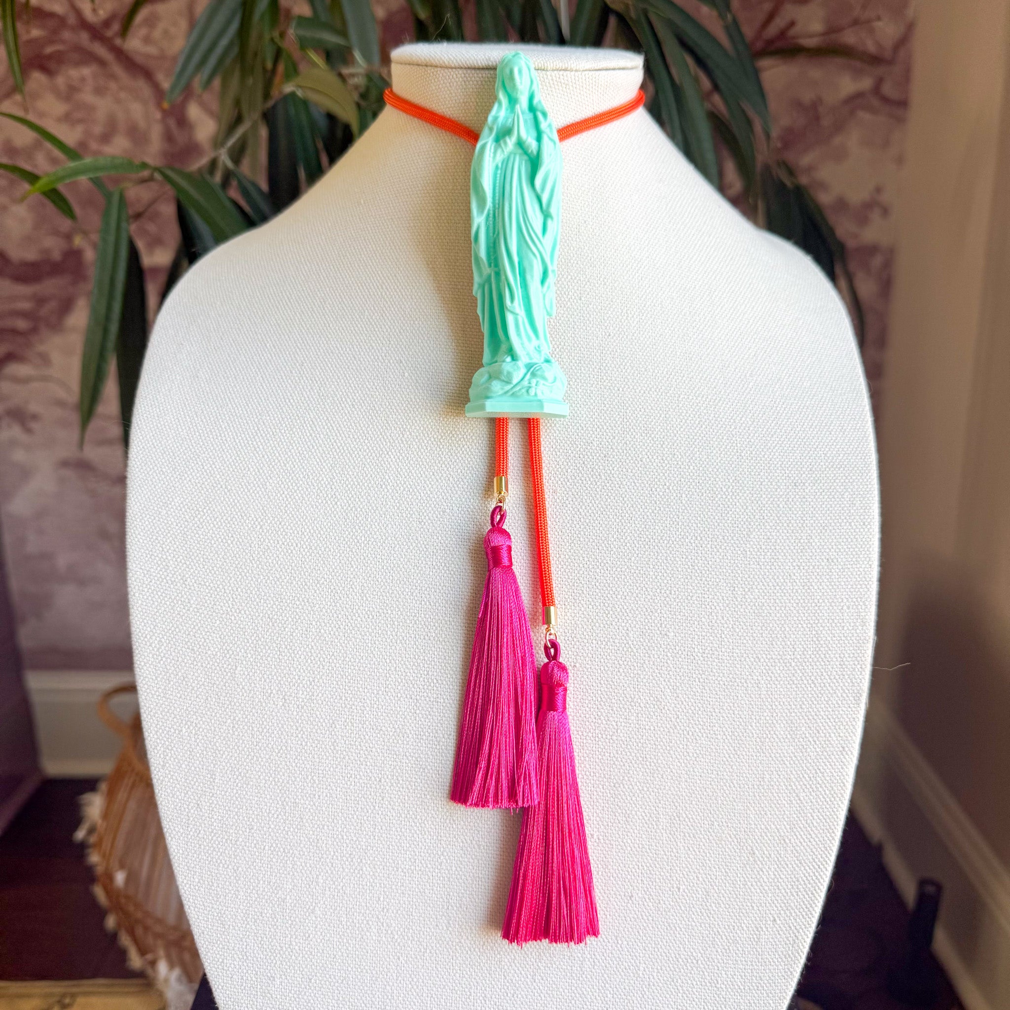 Mother Mary Statue Bolo Turquoise with Solar Orange & Fuchsia