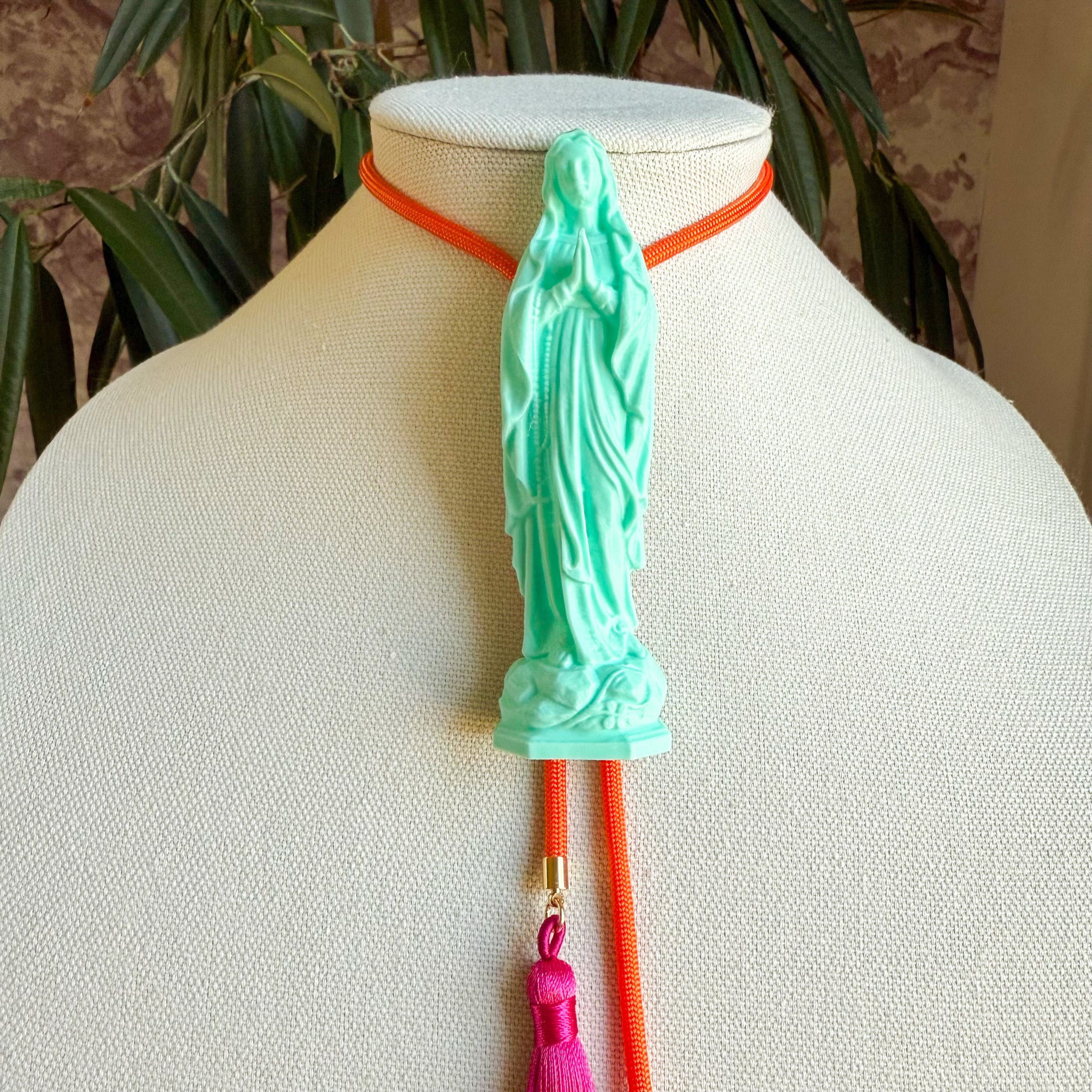 Mother Mary Statue Bolo Turquoise with Solar Orange & Fuchsia