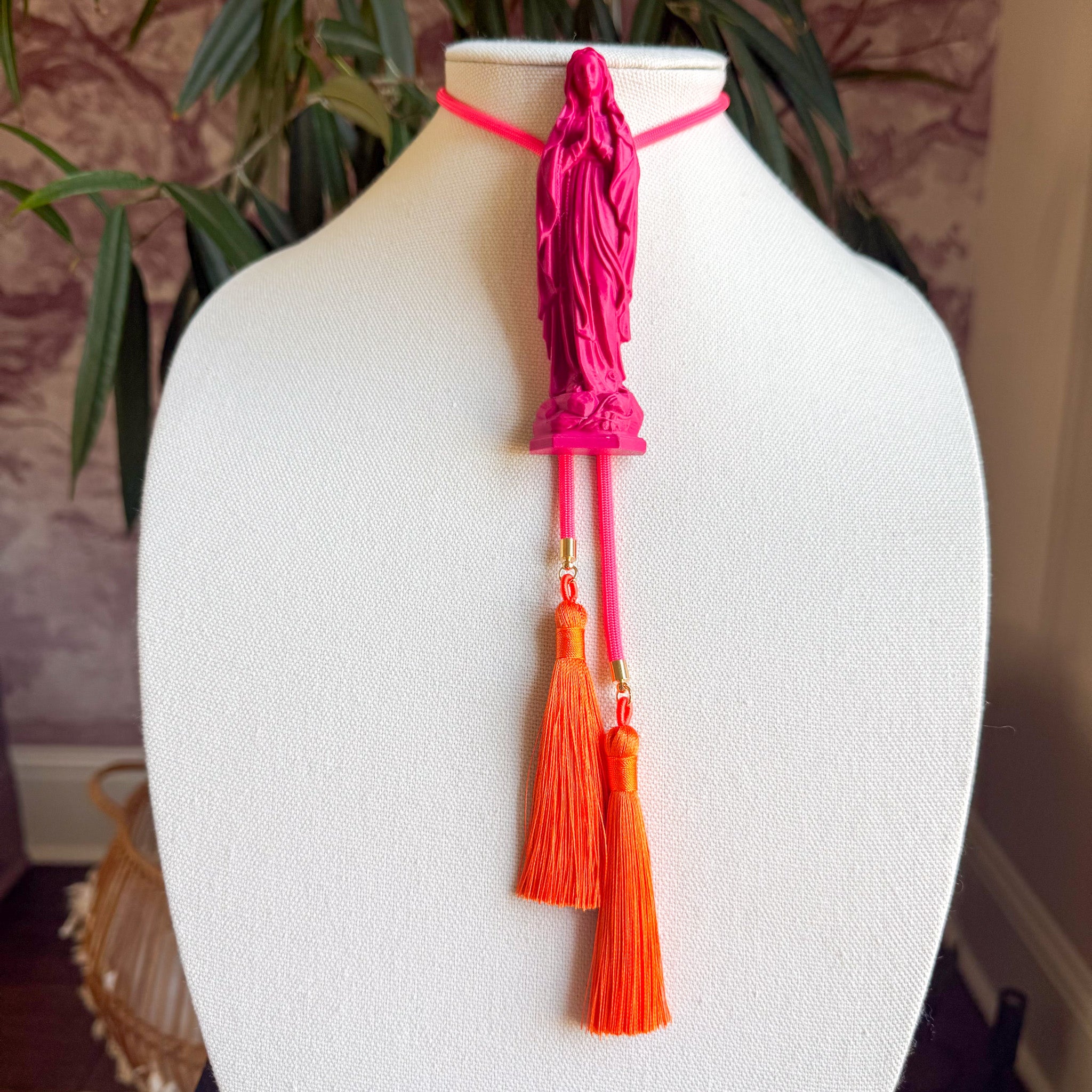 Mother Mary Statue Bolo Raspberry Pink with Neon Pink & Orange