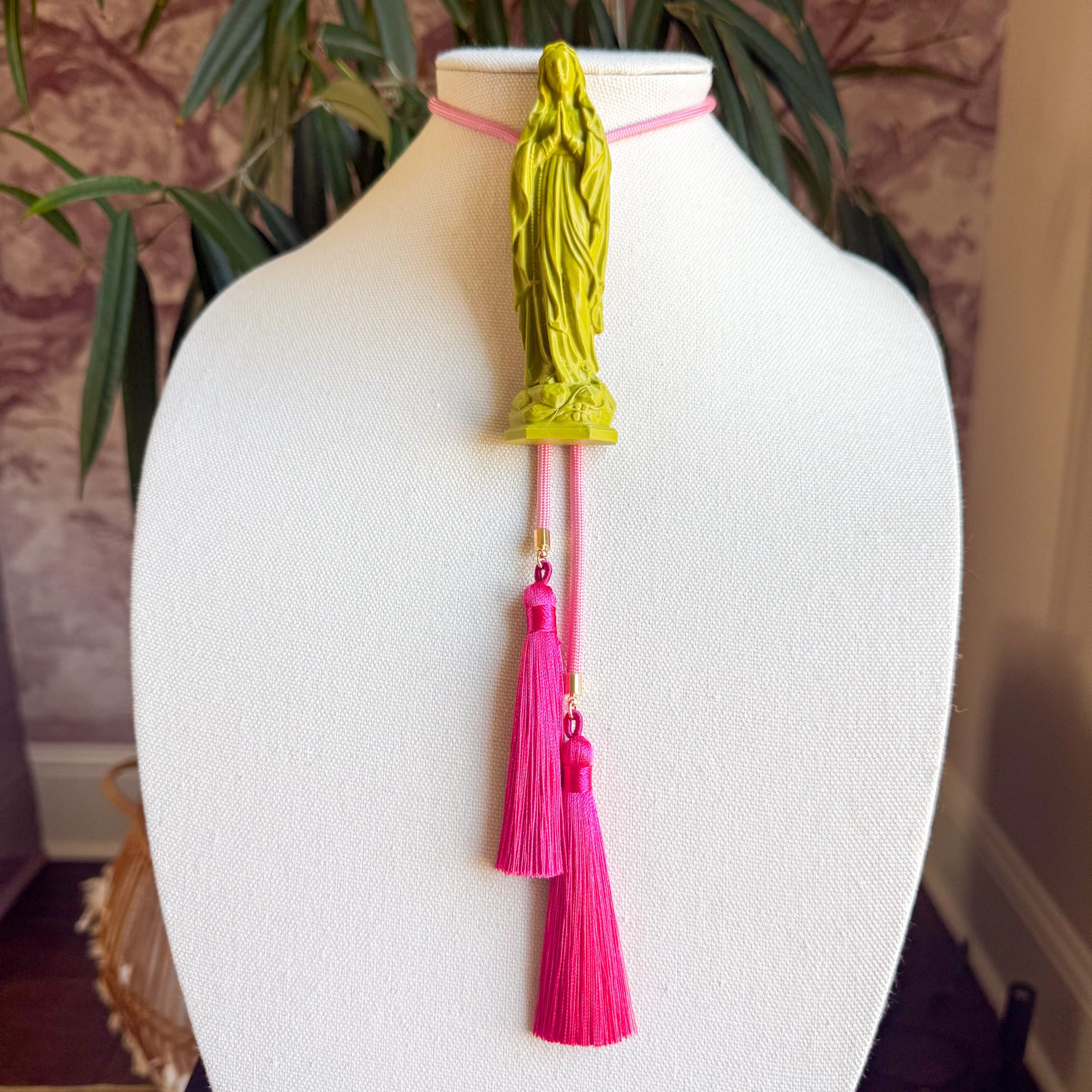 Mother Mary Statue Bolo Olive Green with Bubblegum Pink & Fuchsia