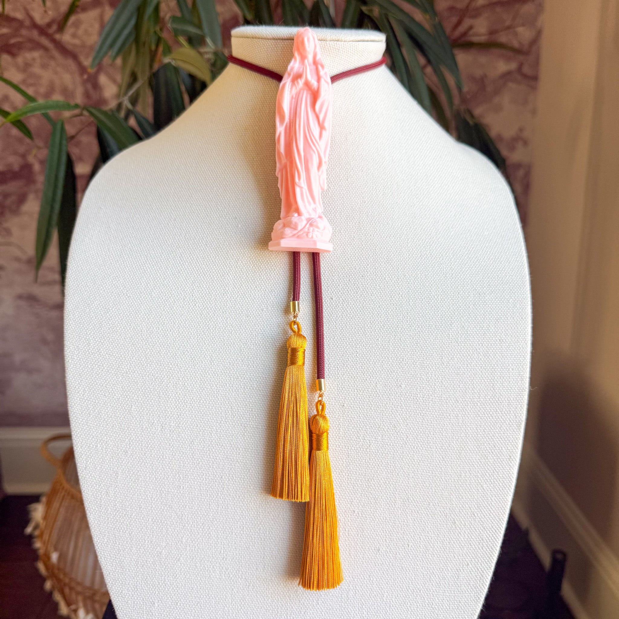 Mother Mary Statue Bolo Blush Pink with Maroon & Golden Yellow