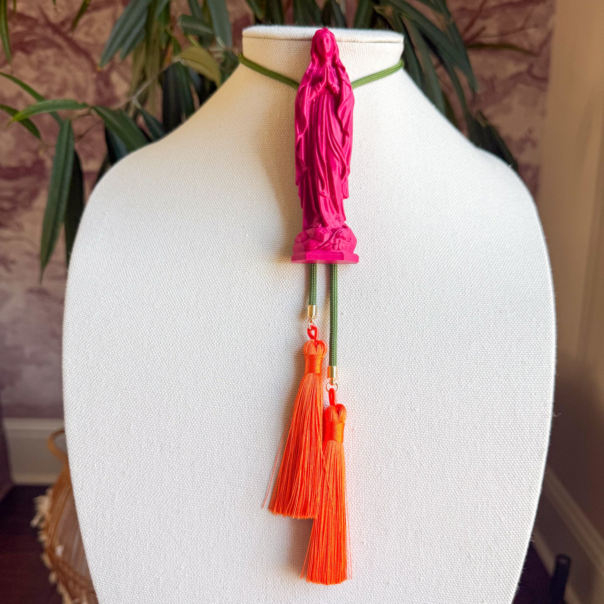 Mother Mary Statue Bolo Raspberry Pink with Olive & Orange