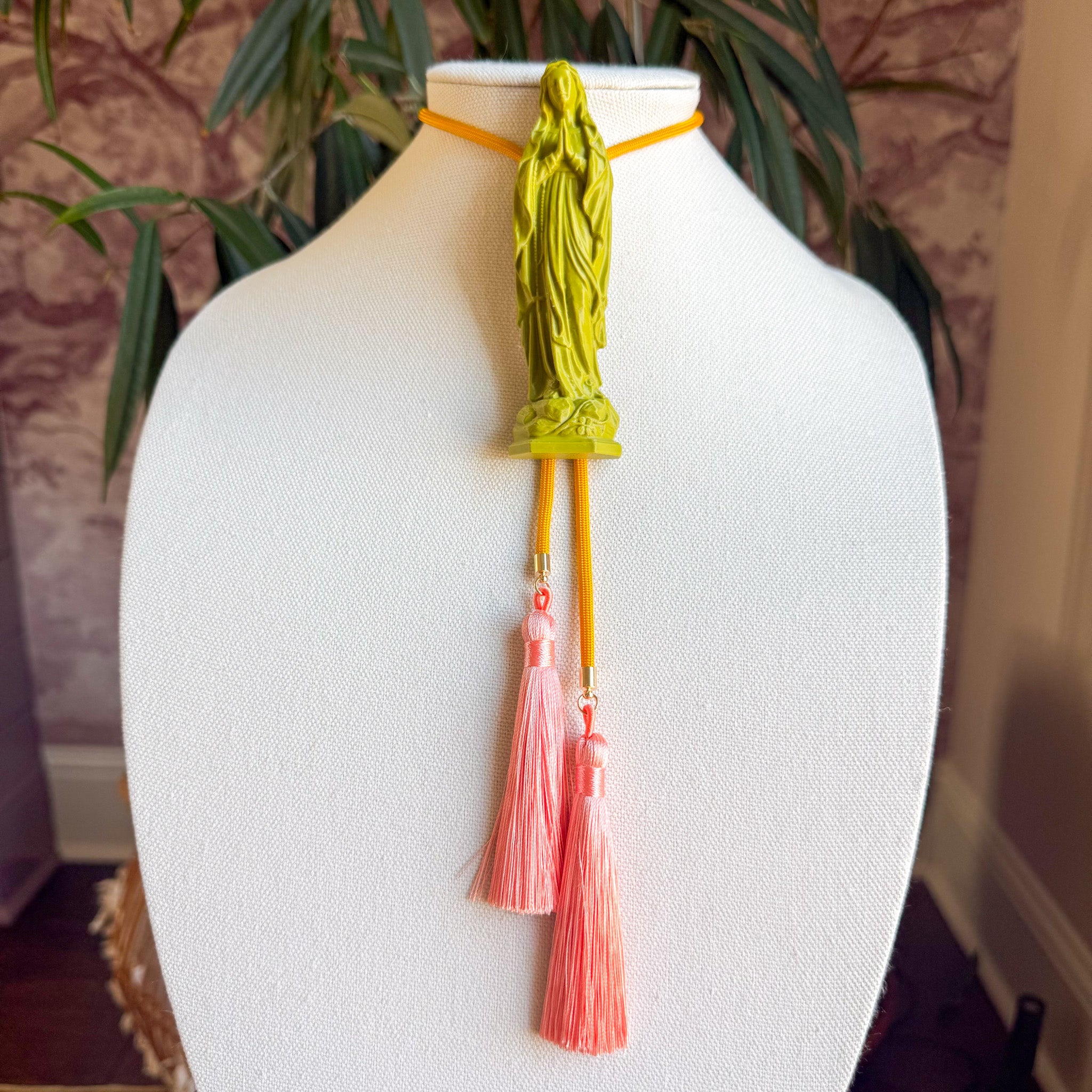 Mother Mary Statue Bolo Olive Green with Golden Yellow & Peach