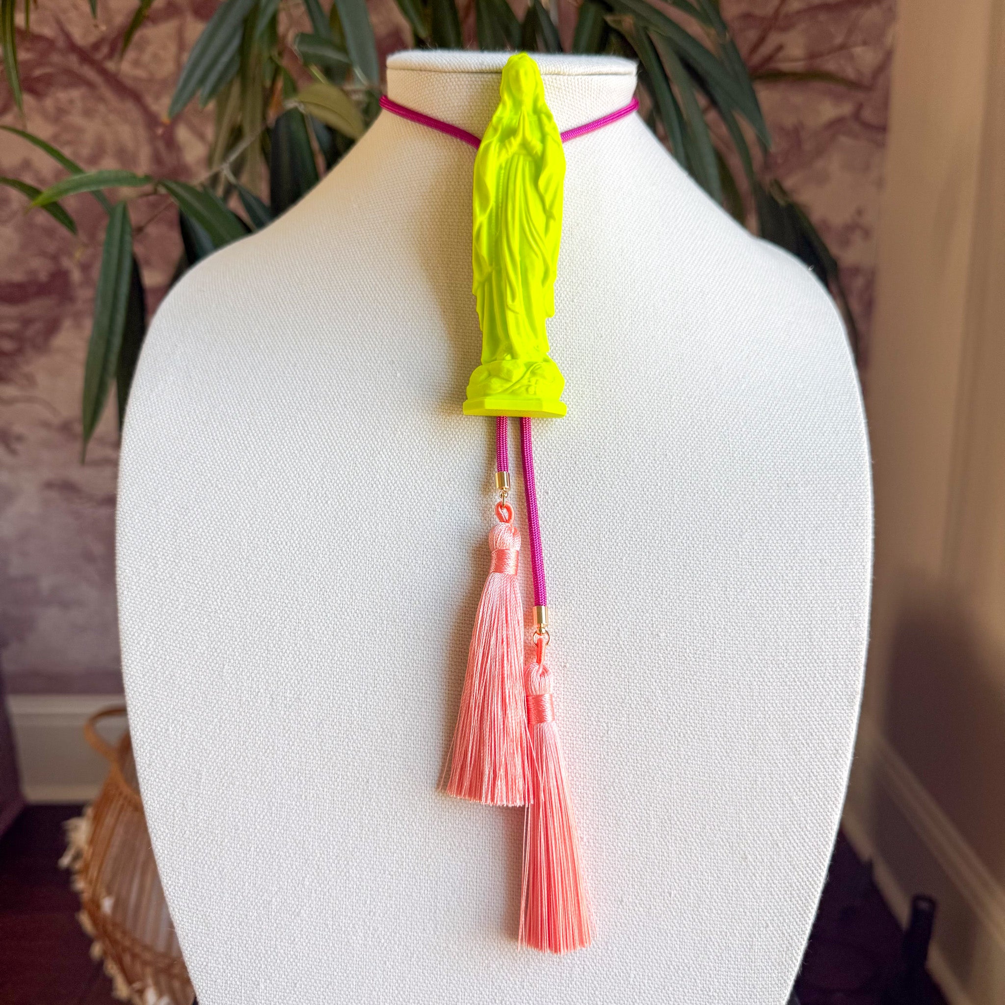 Mother Mary Statue Bolo Lime Green with Hot Pink & Peach