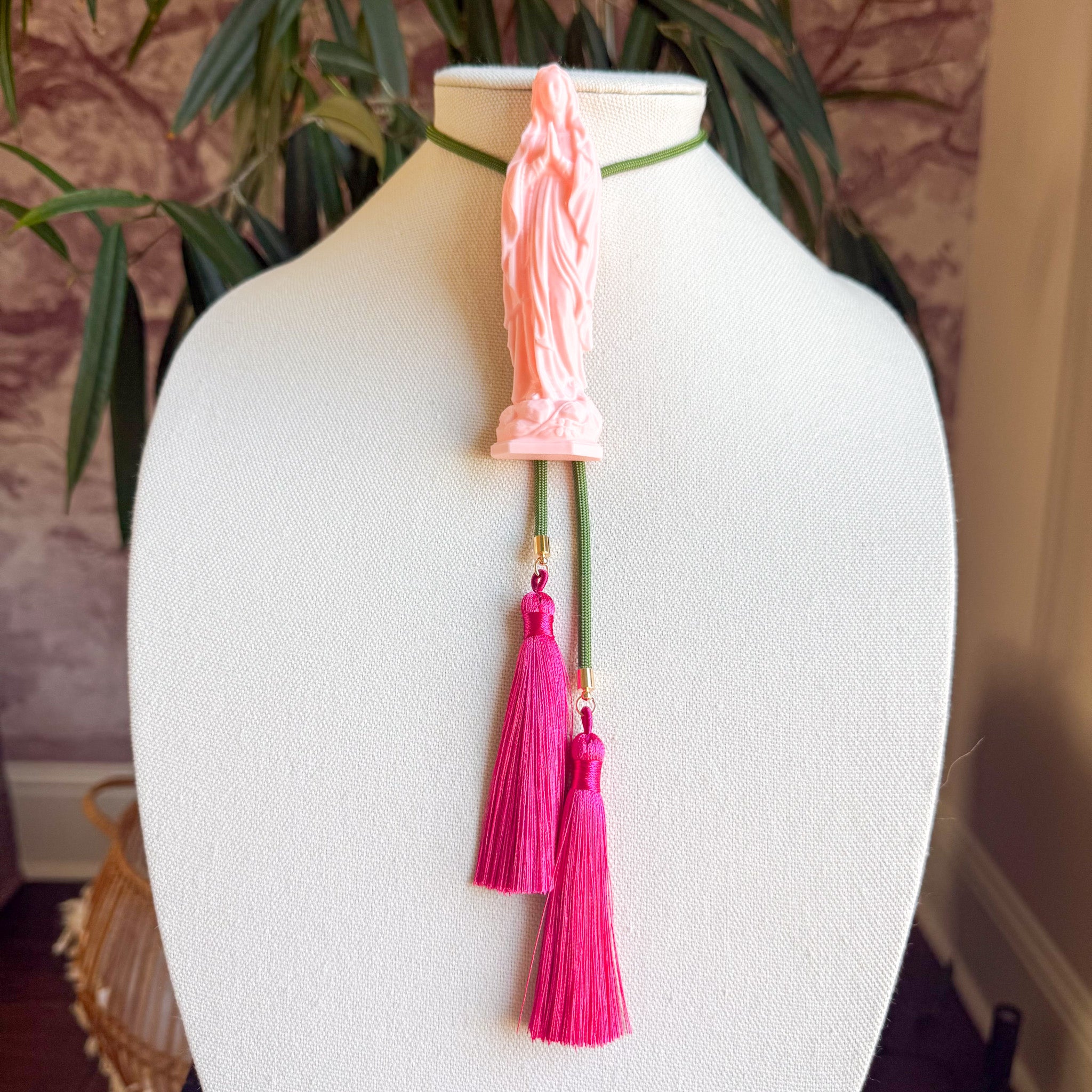 Mother Mary Statue Bolo Blush Pink with Olive & Fuchsia