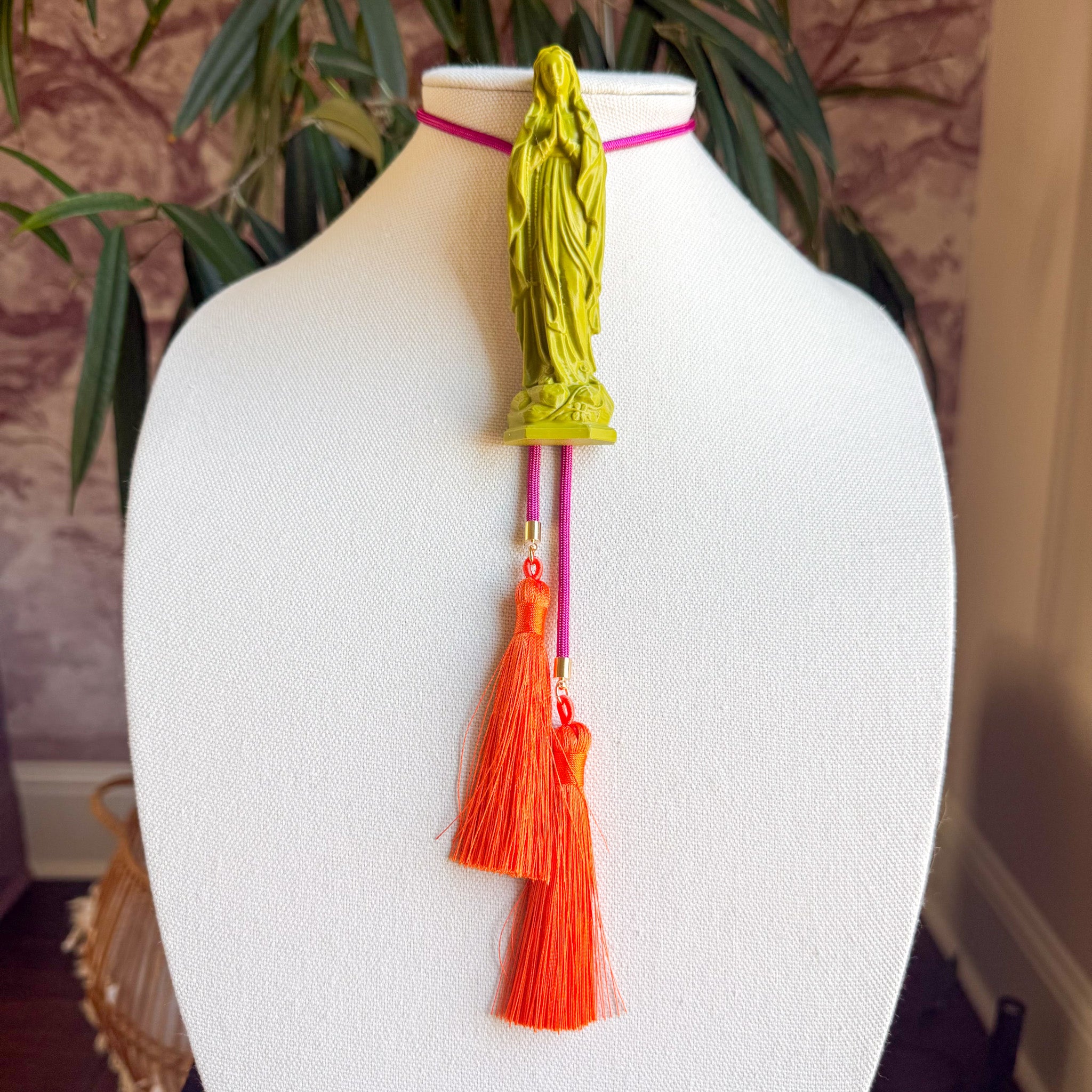 Mother Mary Statue Bolo Olive Green with Hot Pink & Orange