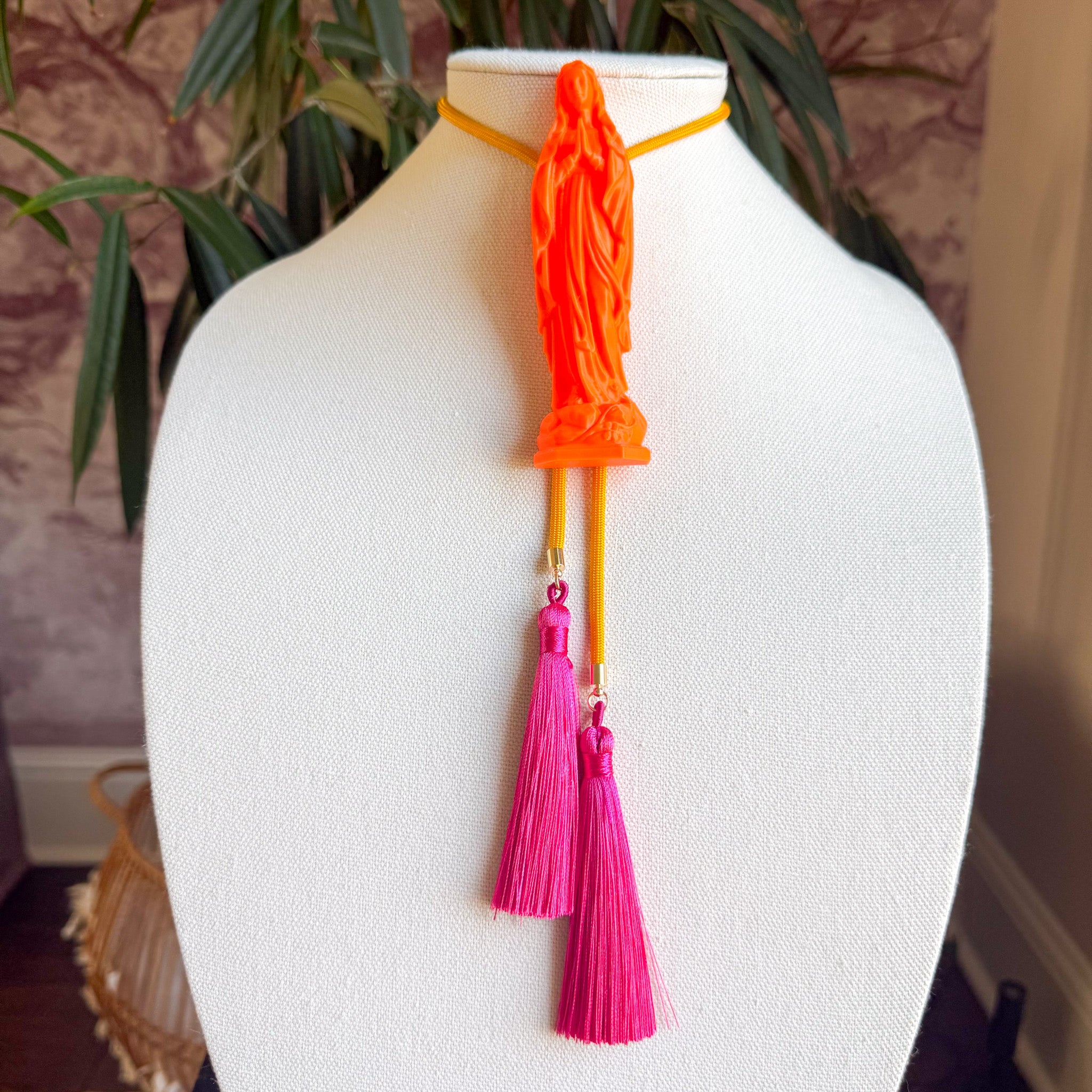 Mother Mary Statue Bolo Burnt Orange with Golden Yellow & Fuchsia