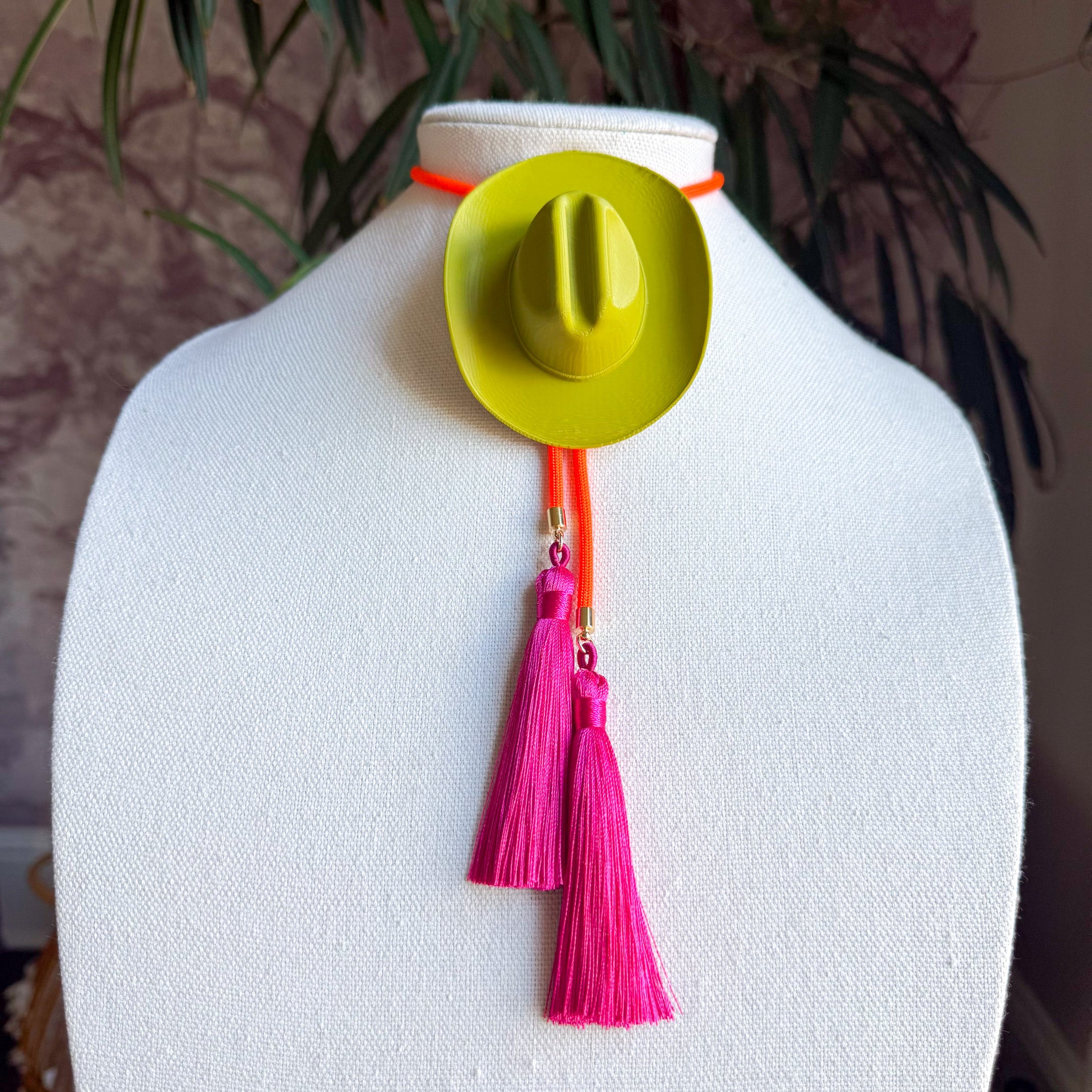 Cowboy Hat Bolo Olive Green with Neon Orange & Fuchsia