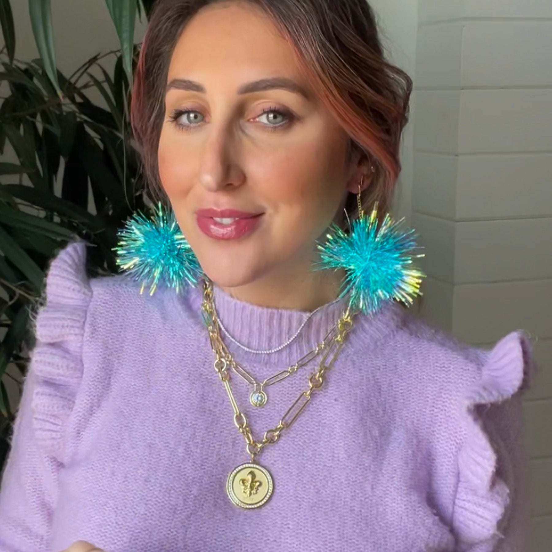 Teal Pom Pom Earrings