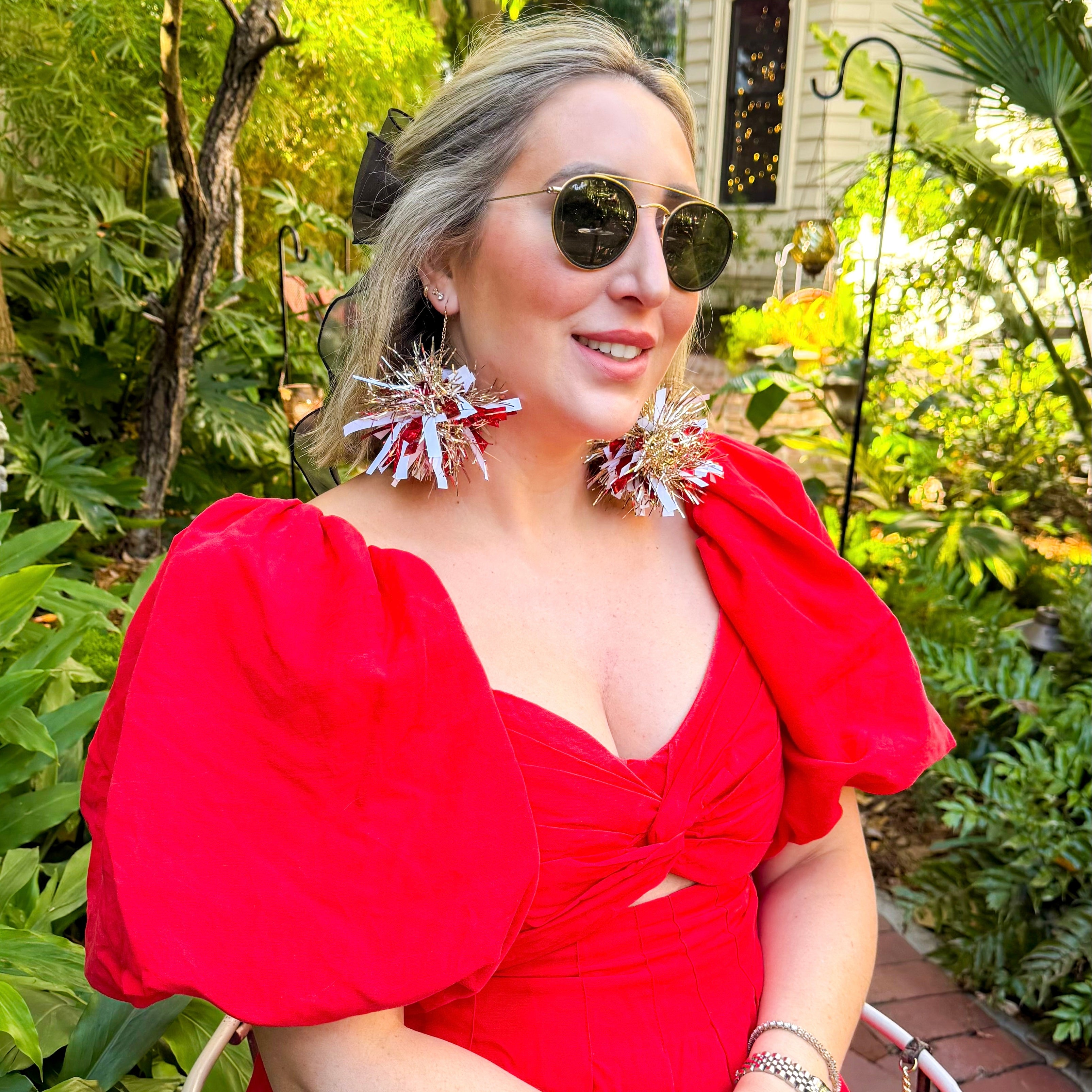 Candy Cane Red, White & Light Gold Pom Pom Earrings