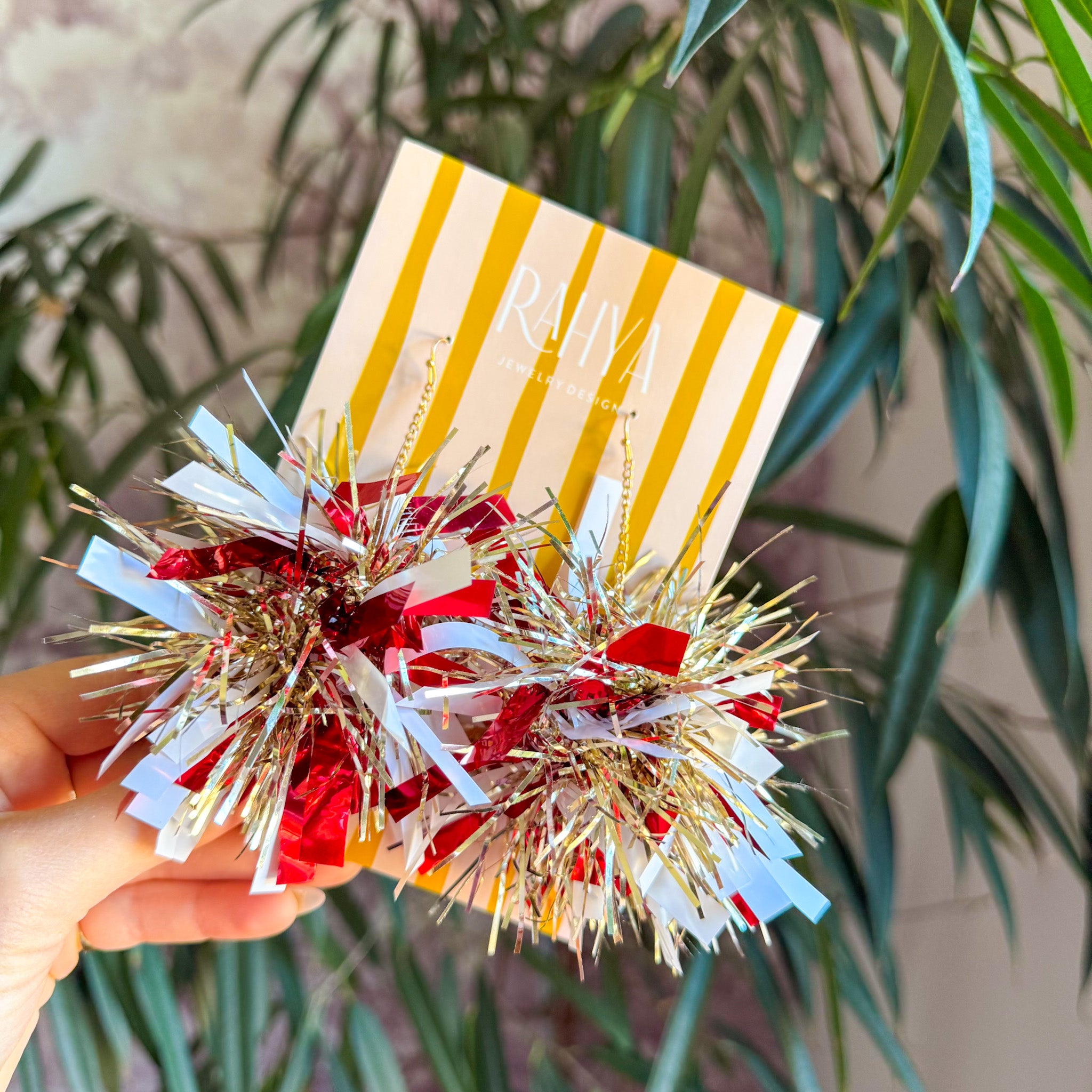 Candy Cane Red, White & Light Gold Pom Pom Earrings
