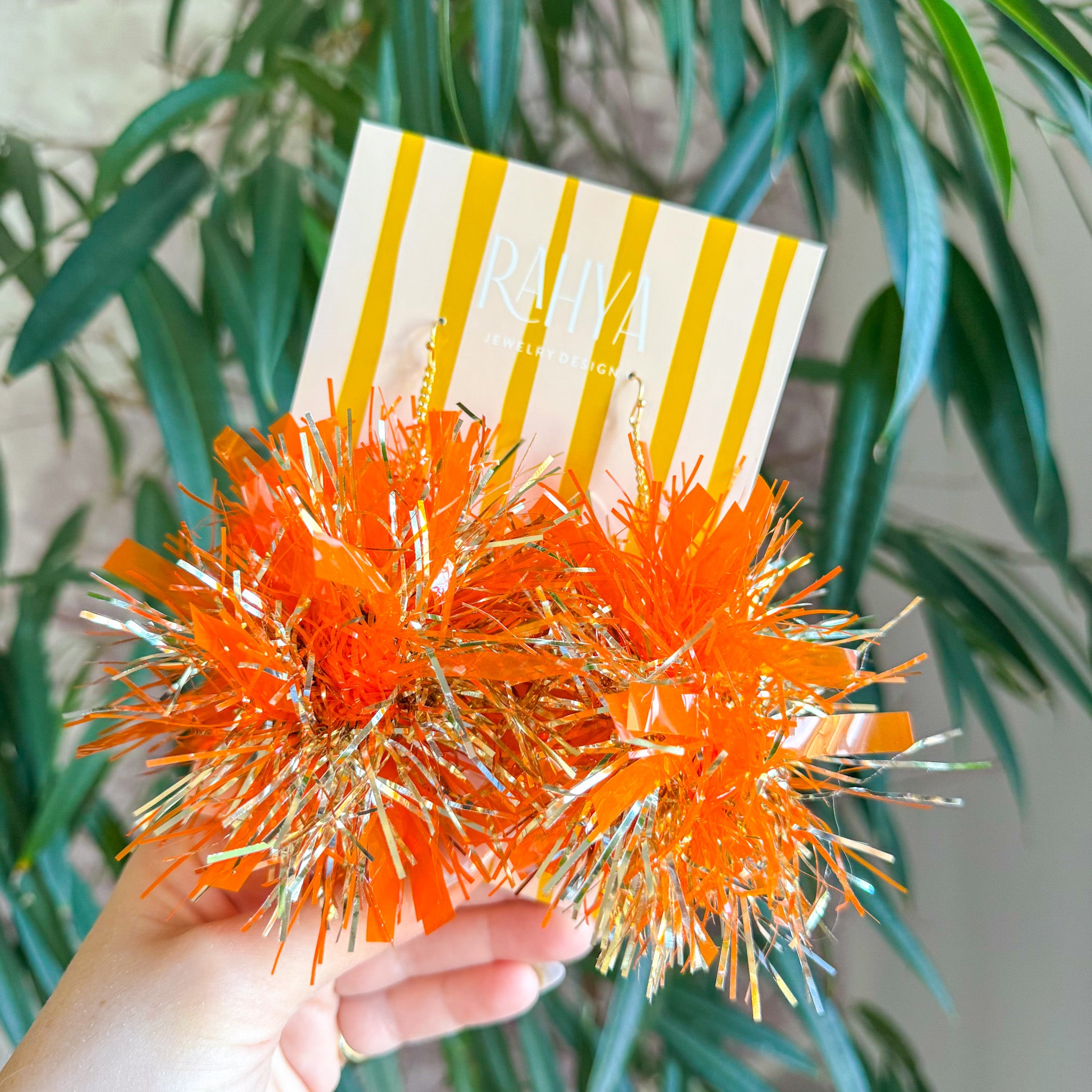 Orange & Light Gold Pom Pom Earrings
