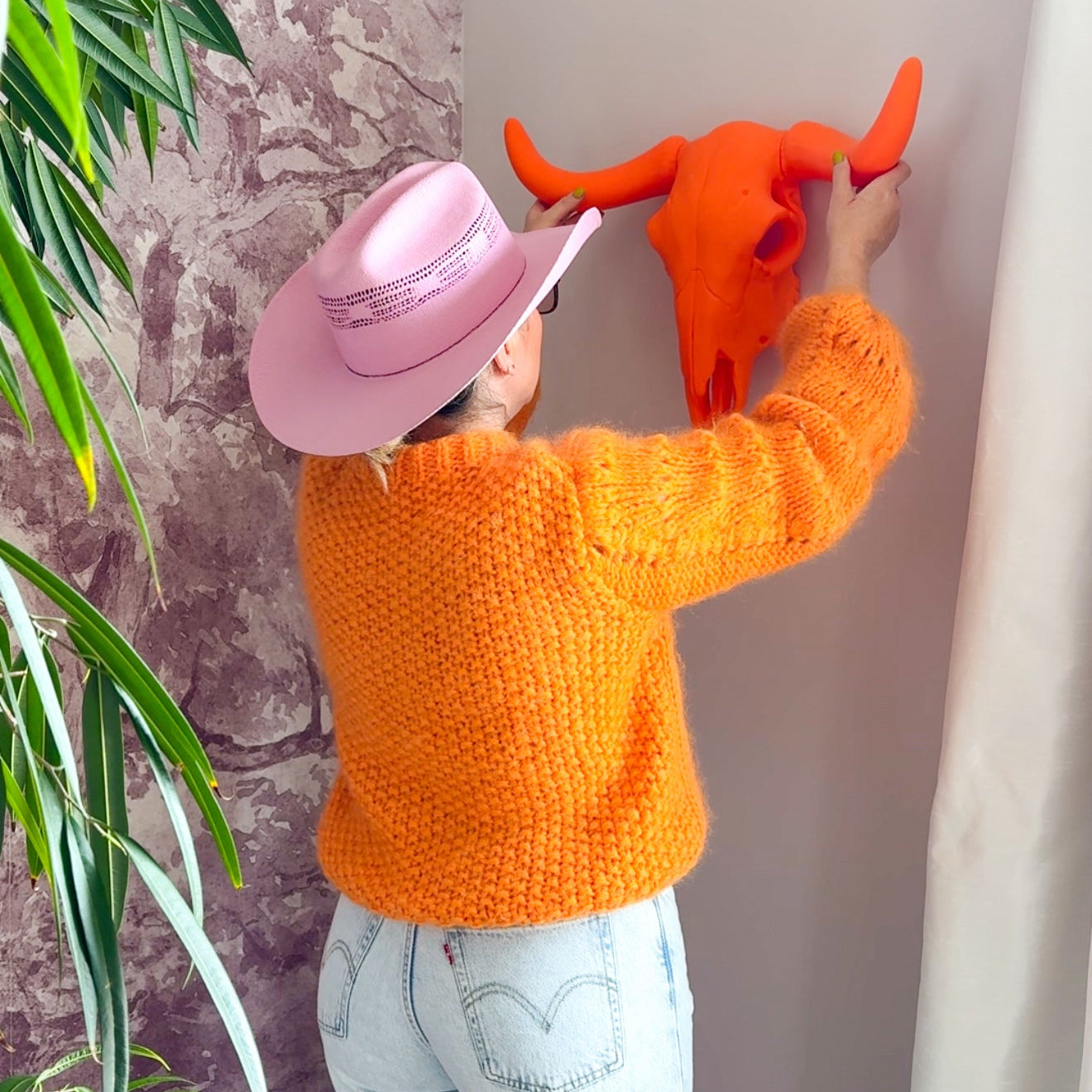 Large Longhorn Wall Sculpture Blush Pink