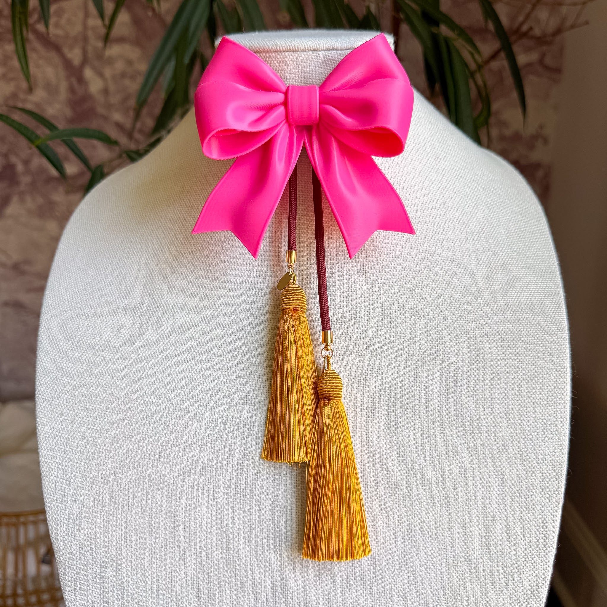 Ribbon Bow Bolo Flamingo Pink with Maroon & Golden Yellow