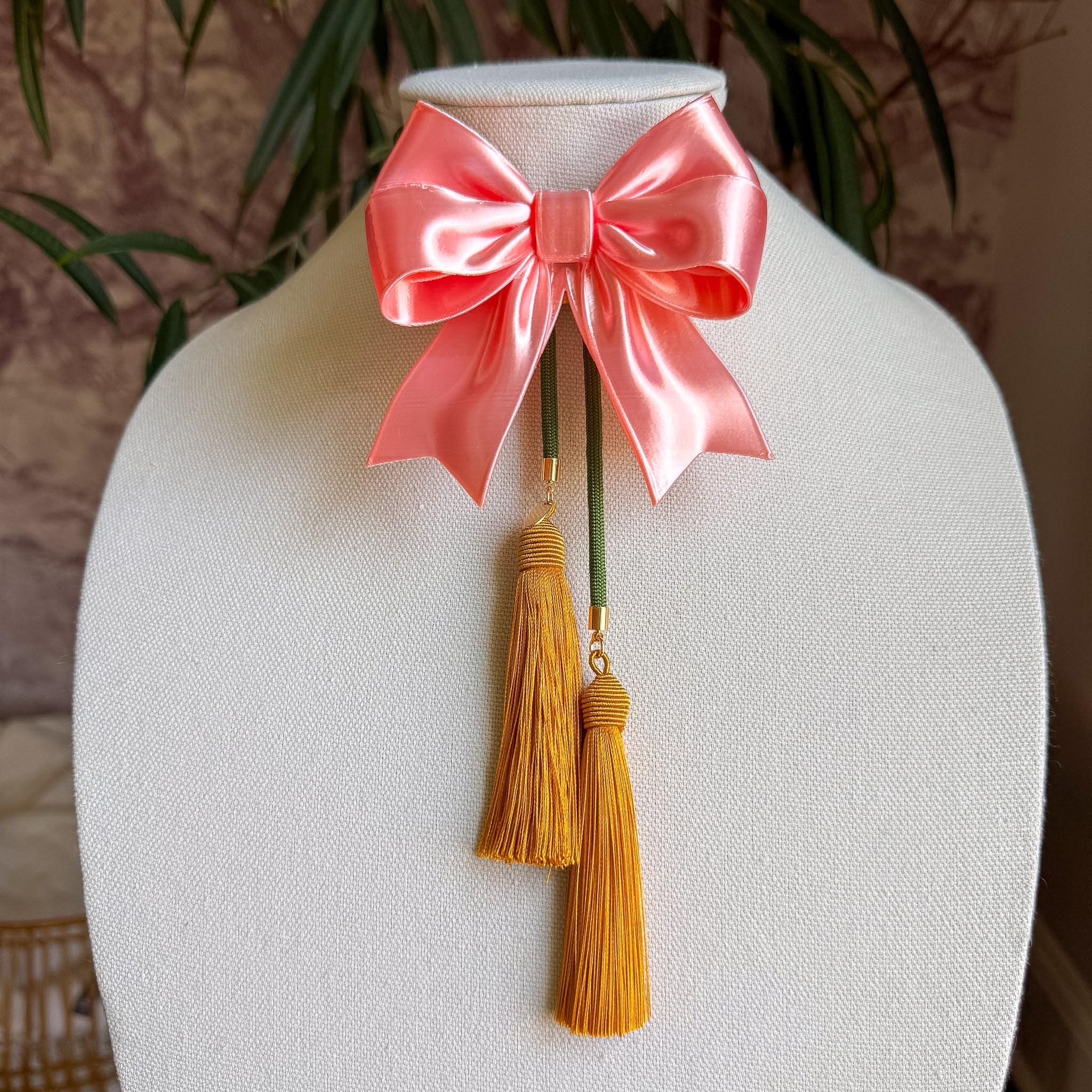 Ribbon Bow Bolo Sugar Pink with Olive & Golden Yellow