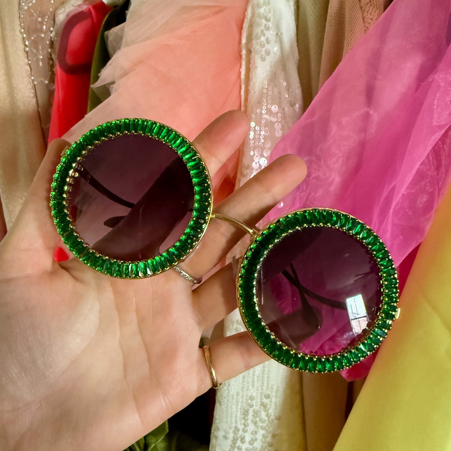 Round Emerald Green Rhinestone Sunglasses