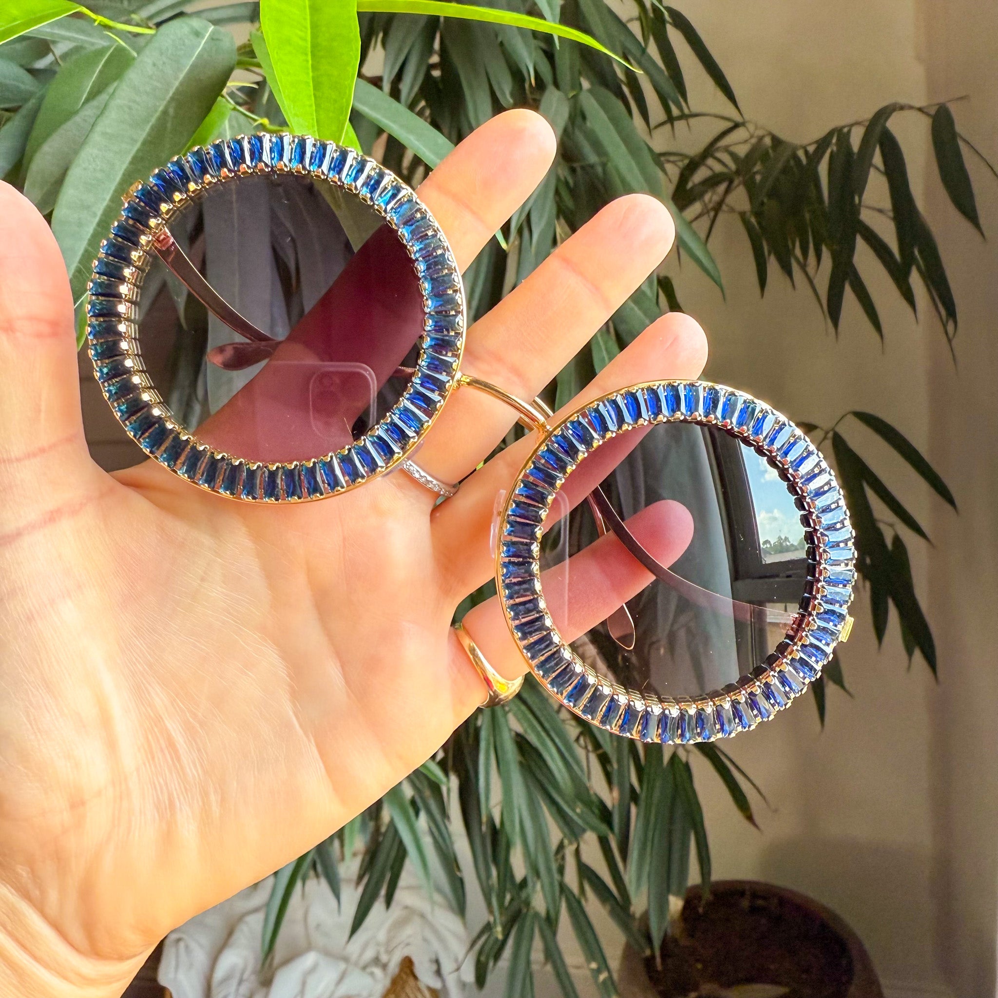 Round Sapphire Blue Rhinestone Sunglasses