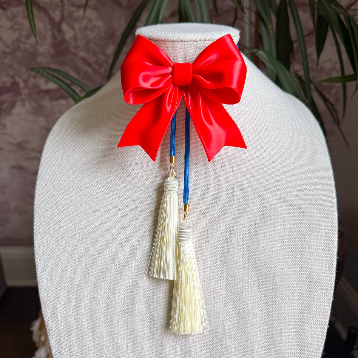 Ribbon Bow Bolo Candy Red with Ocean Blue & Ivory