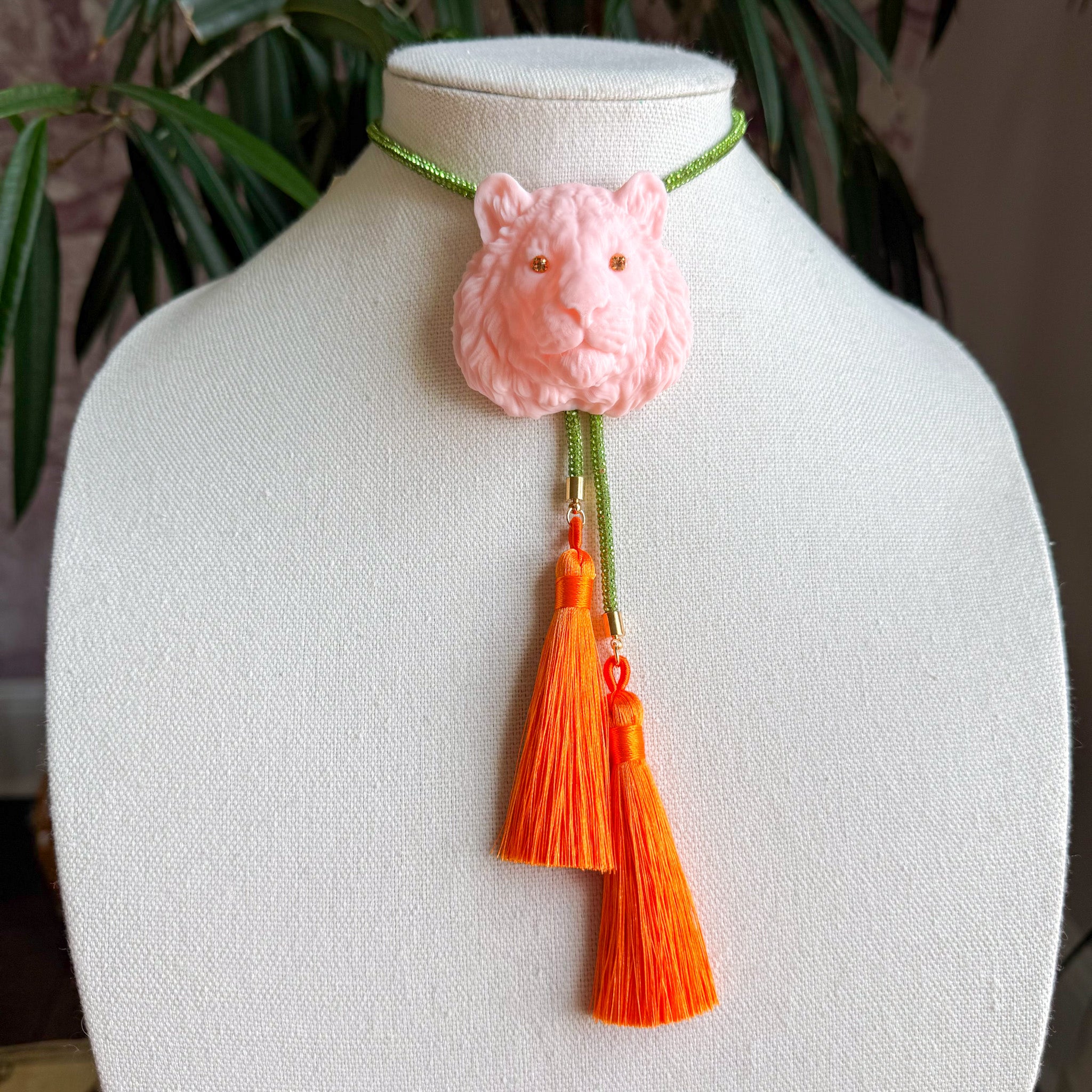 Glitzy Tiger Bolo Blush Pink with Green & Orange