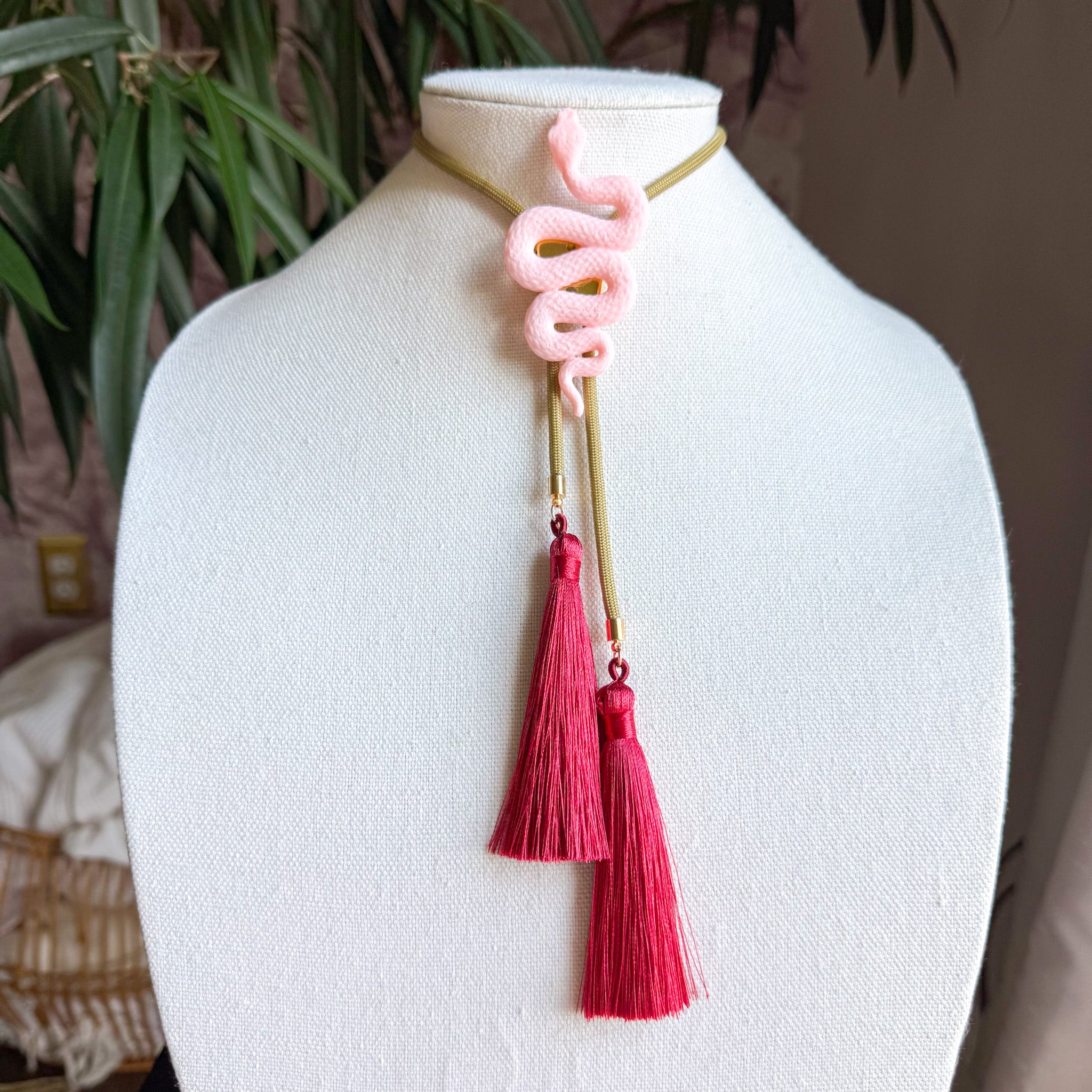 Snake Bolo Blush Pink with Khaki & Ruby Red