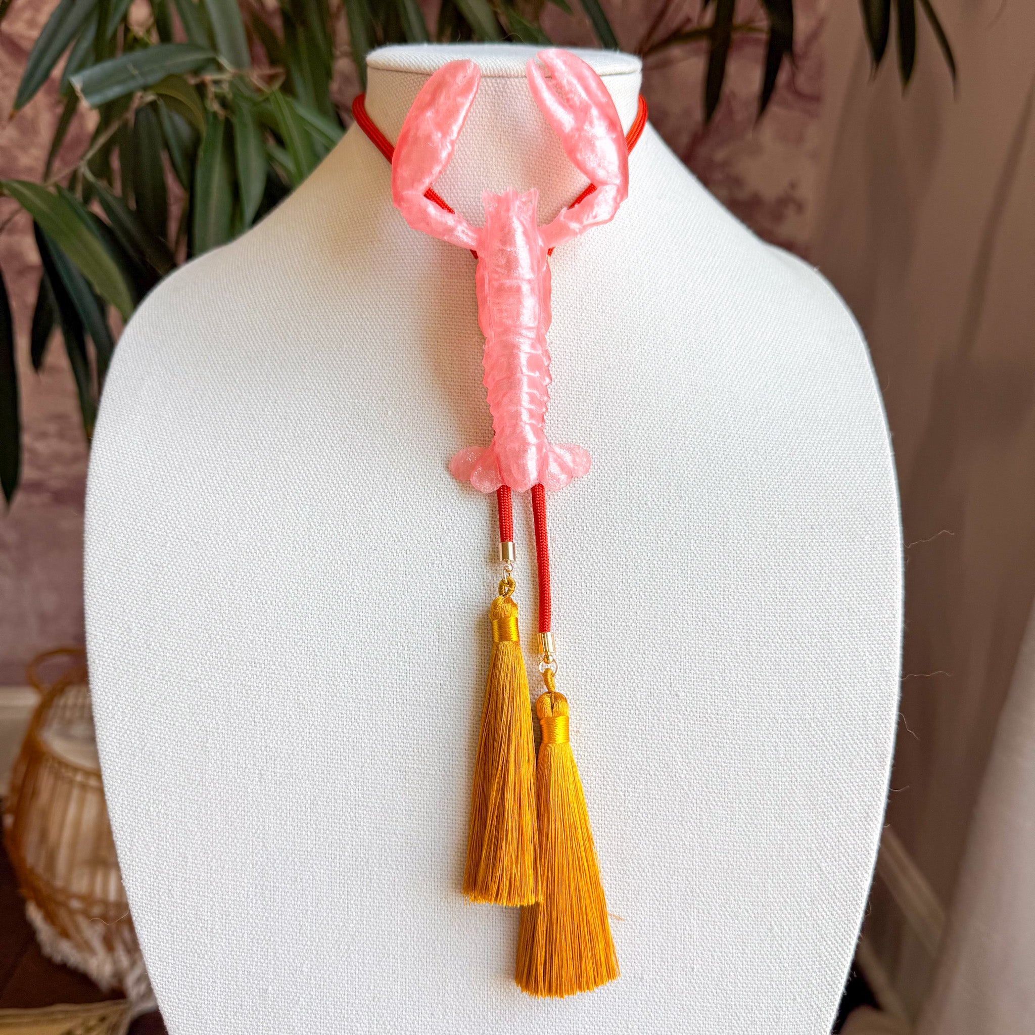 Crawfish Lobster Bolo Quartz Pink with Ruby Red & Golden Yellow