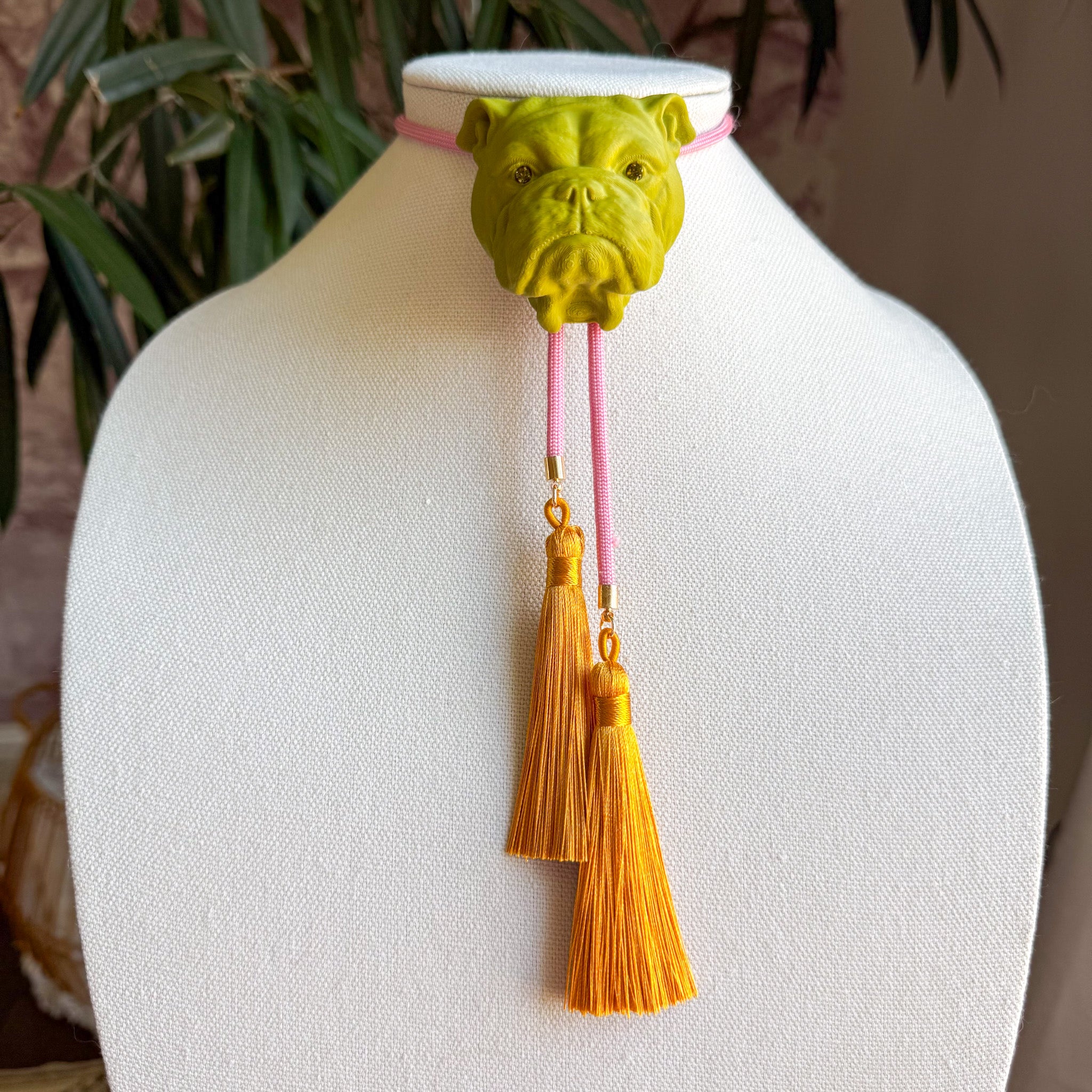 Bulldog Bolo Olive Green with Bubblegum Pink & Golden Yellow