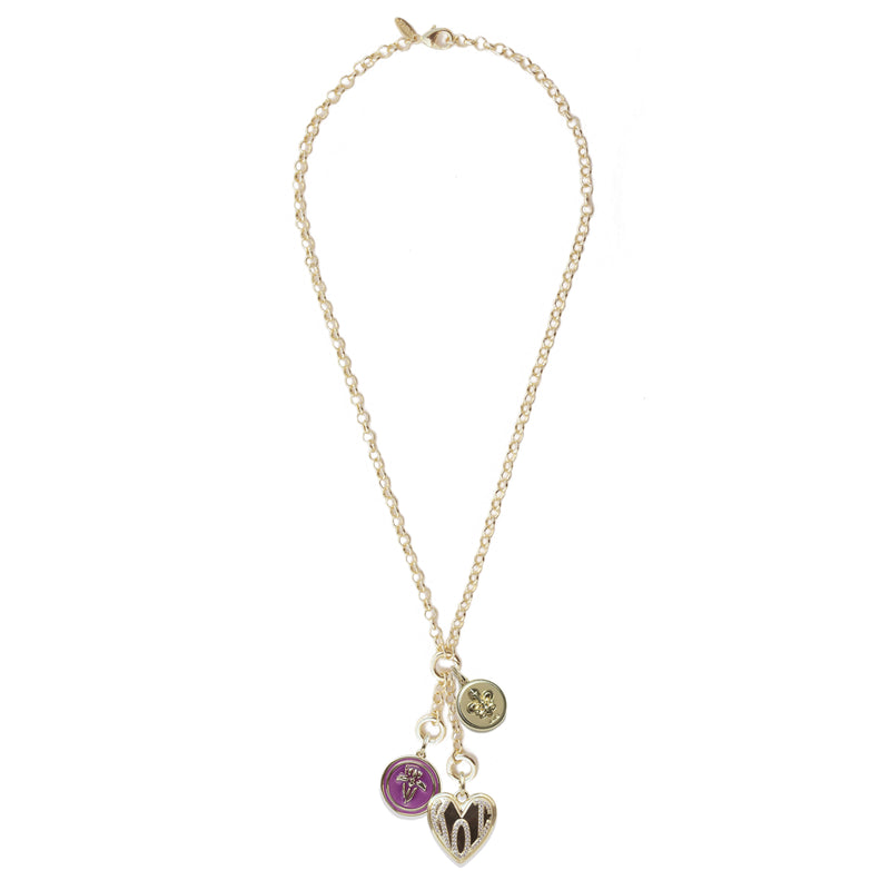 Iris Napoleon Necklace with Mini St. Charles, Mini Enameled Flower & KOI Heart