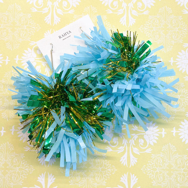 Opaque Teal, Green & Gold Pom Pom Earrings