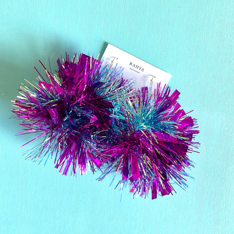 Fuchsia & Teal Mixed Pom Pom Earrings